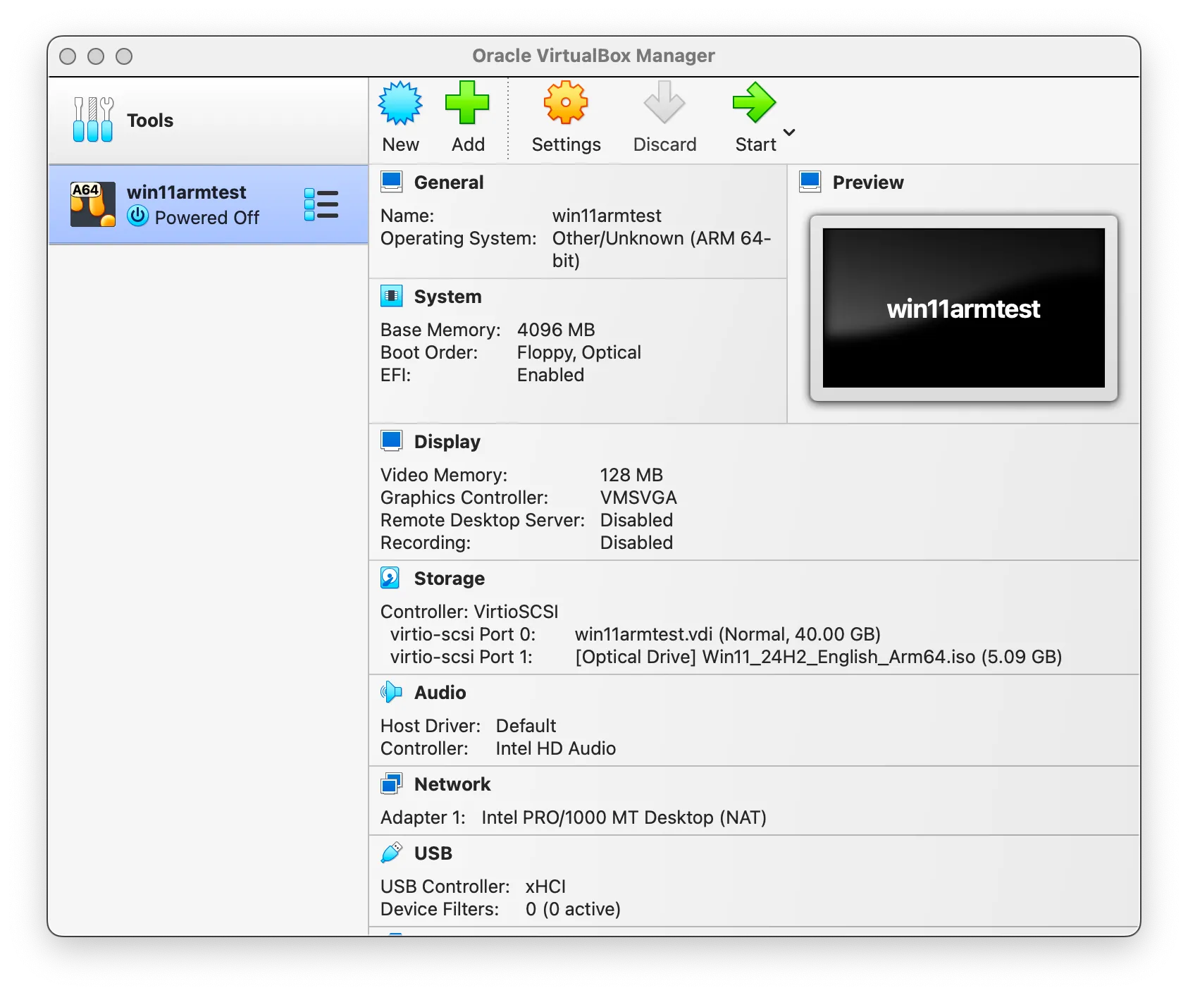 Khởi động máy ảo Windows 11 ARM từ giao diện VirtualBox Manager.