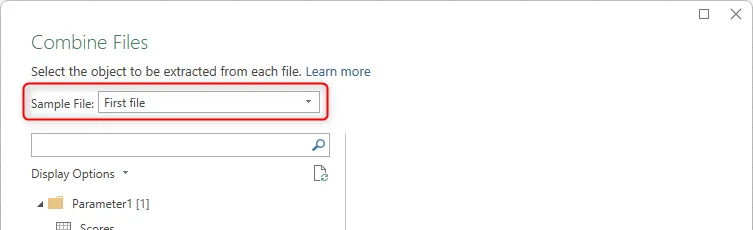 Khu vực Sample File (Tệp Mẫu) trong hộp thoại Combine Files (Kết hợp Tệp) của Excel, hiển thị tệp đầu tiên được chọn làm mẫu.