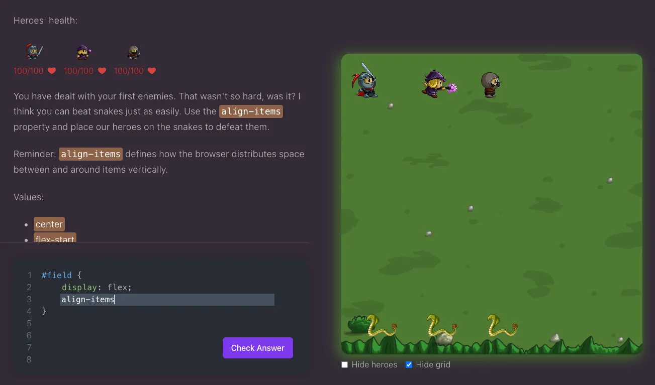 Khung cảnh game Flex Box Adventure với các nhân vật và quái vật, hướng dẫn và ô nhập code CSS Flexbox.
