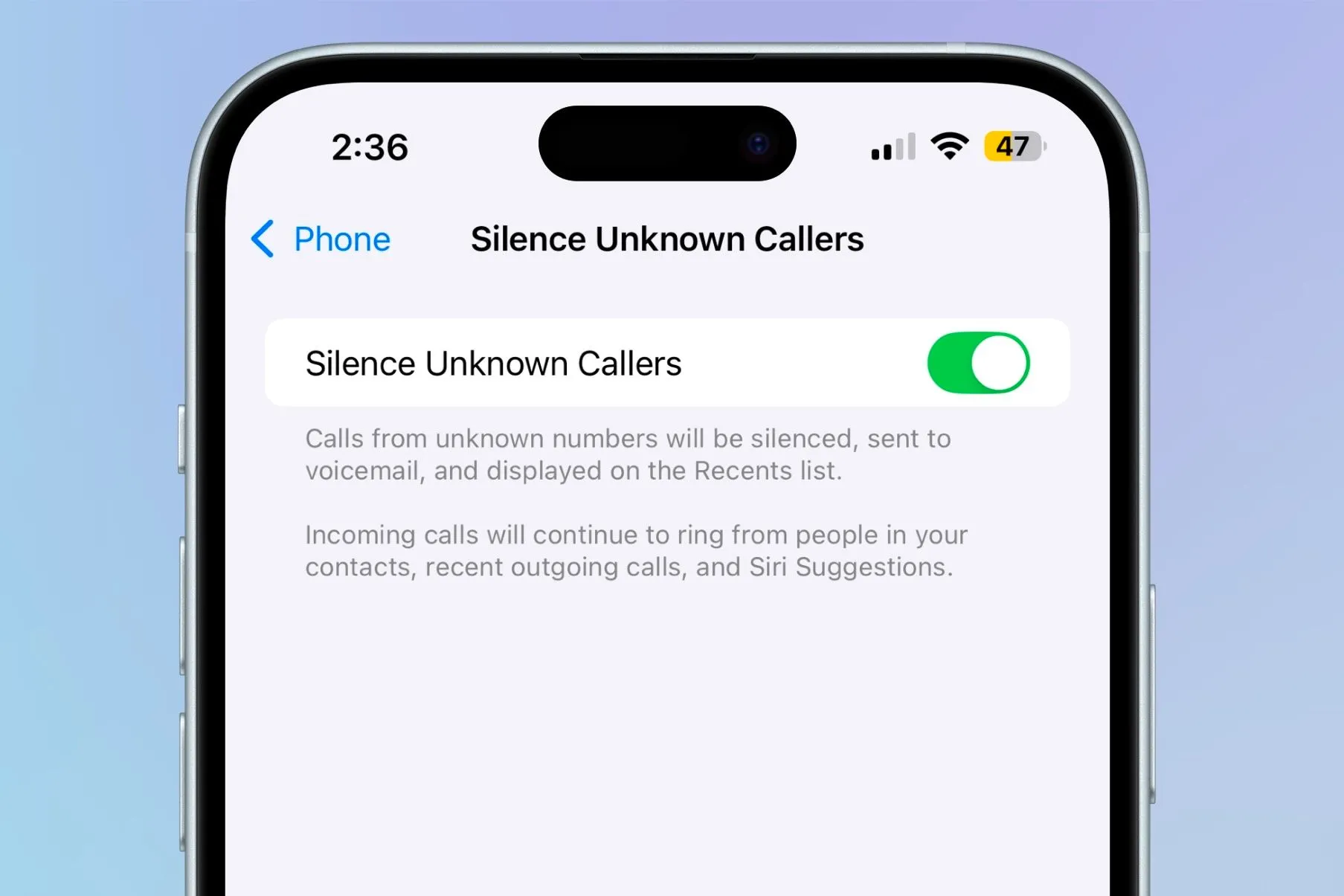Kích hoạt tính năng &quot;Tắt tiếng người gọi không xác định&quot; (Silence Unknown Callers) trong phần Cài đặt Điện thoại trên iPhone.