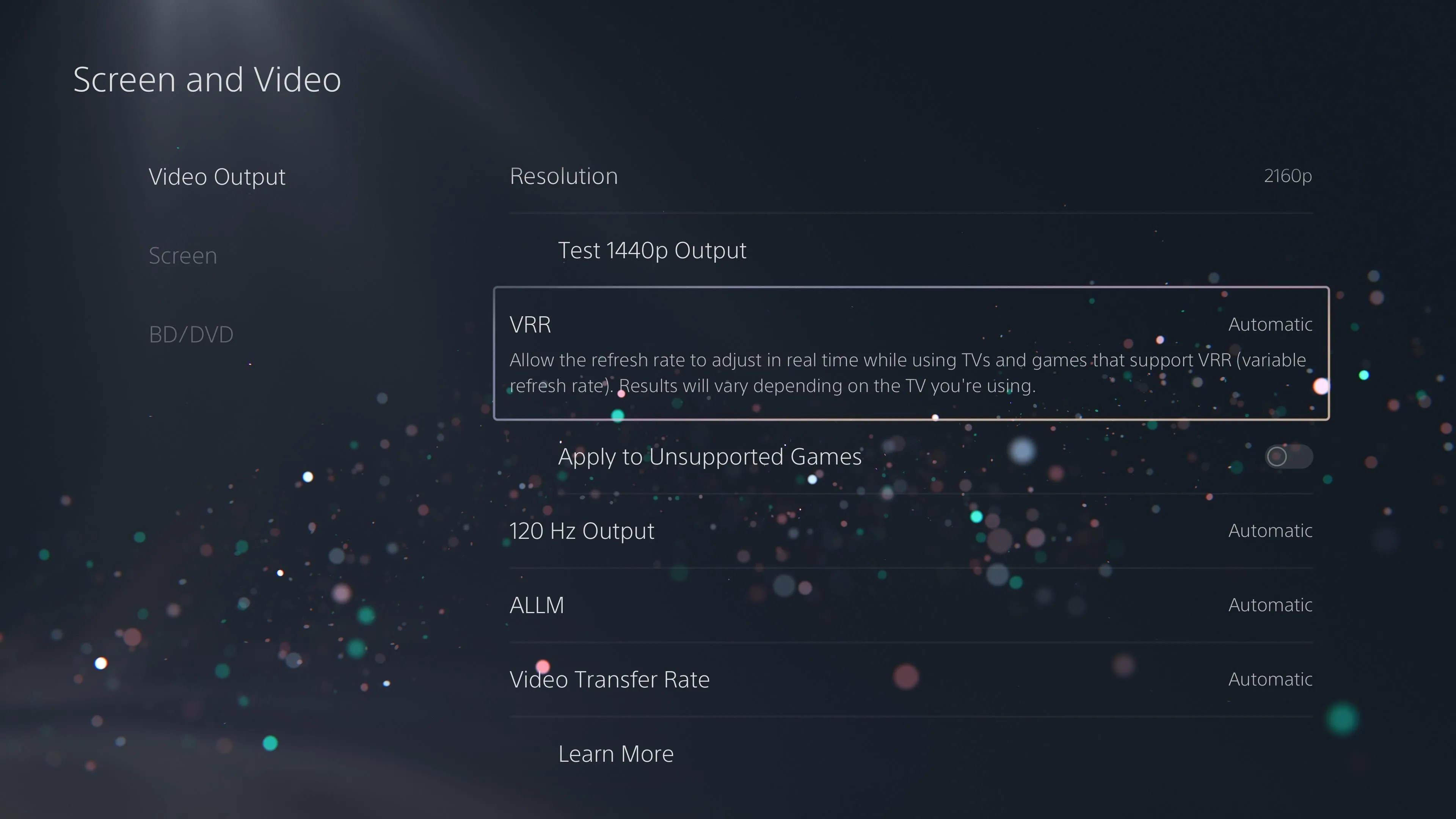 Kích hoạt tính năng Variable Refresh Rate (VRR) trong cài đặt video đầu ra của PS5.