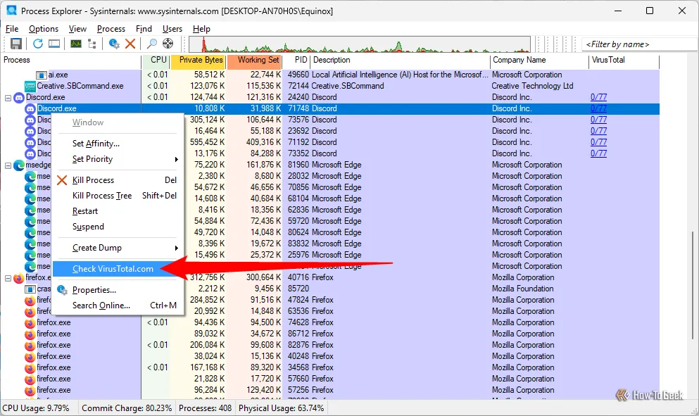Kiểm tra Discord.exe với VirusTotal.com qua Process Explorer