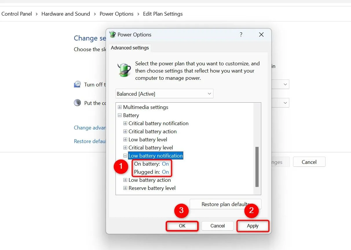 Kiểm tra và bật tùy chọn Thông báo pin yếu cho cảnh báo pin trên Windows 11