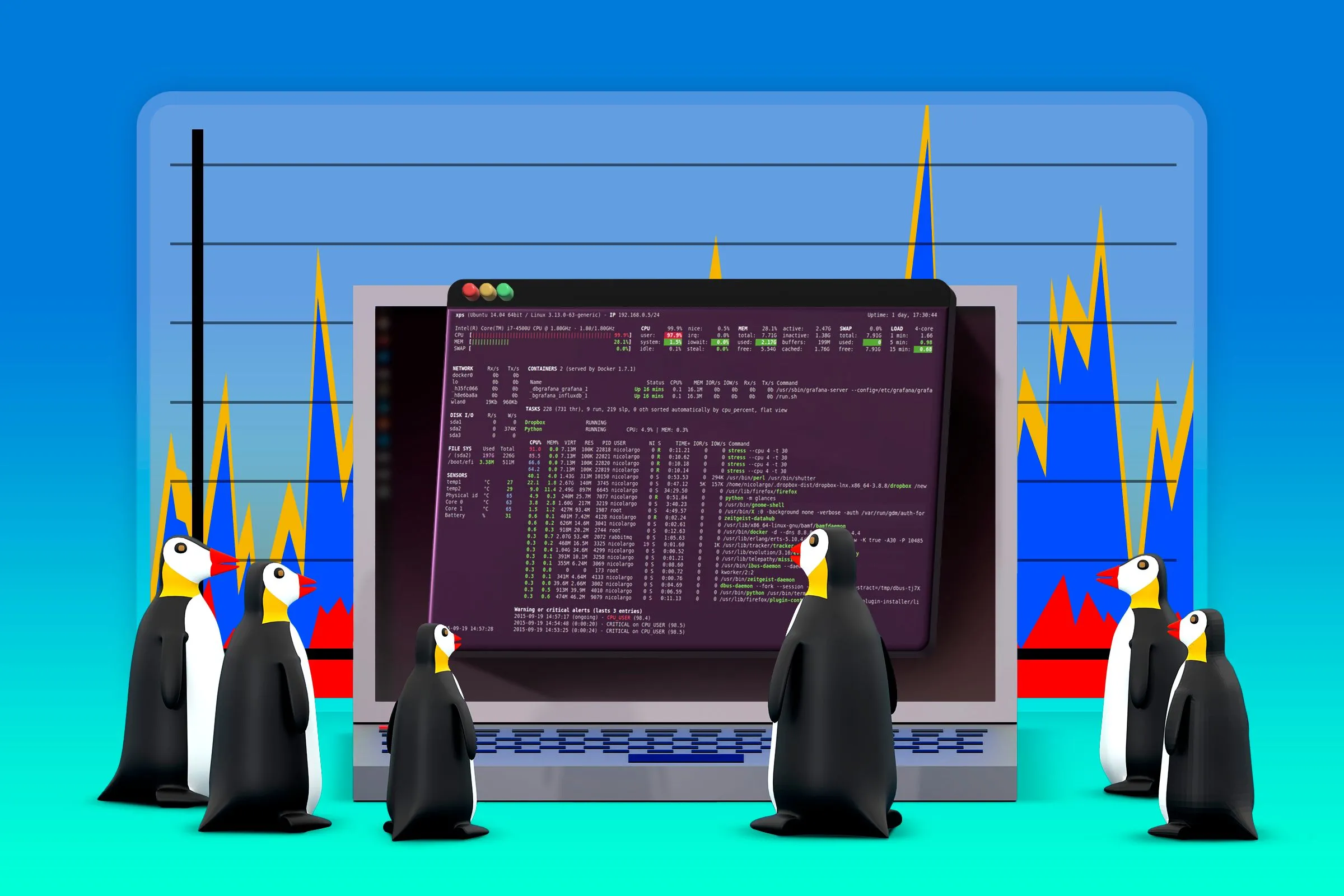 Laptop chạy Linux với cửa sổ terminal mở, cùng với các chú chim cánh cụt (linh vật Linux) và biểu đồ hiệu suất