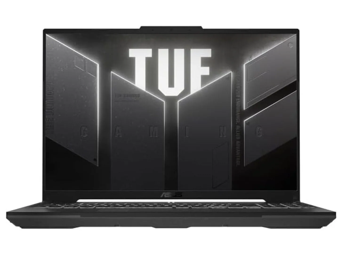 Laptop gaming ASUS TUF Gaming A16 với màn hình hiển thị đồ họa game và bàn phím có đèn nền