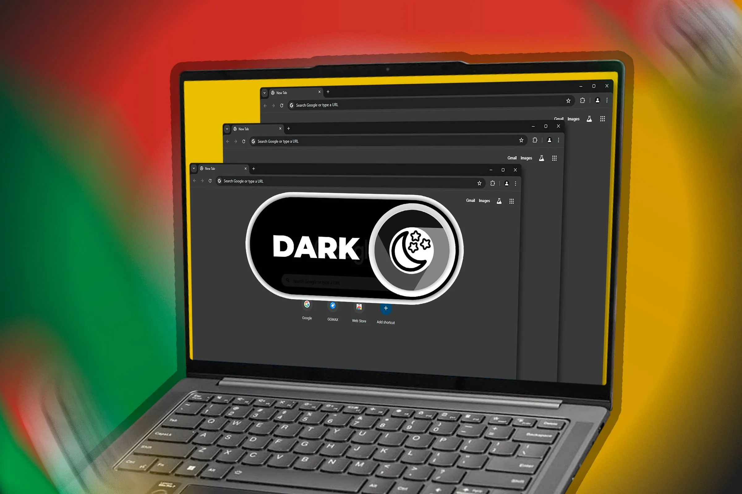 Laptop hiển thị các cửa sổ Google Chrome và công tắc bật/tắt chế độ tối