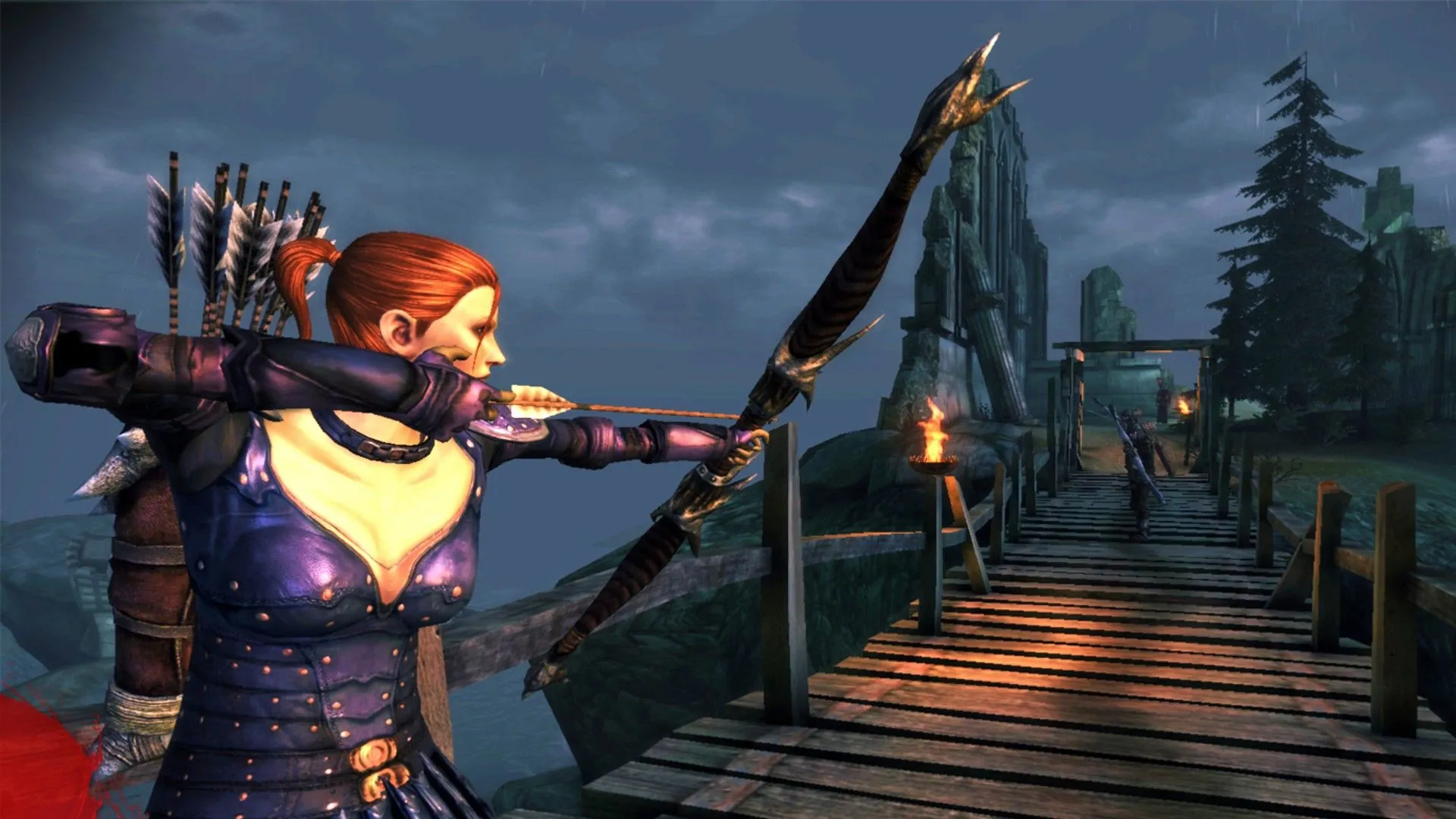 Leliana chuẩn bị bắn cung trong Dragon Age: Origins, thể hiện một trong những bạn đồng hành được yêu thích.