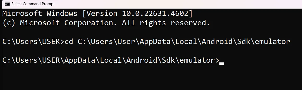 Lệnh cd để điều hướng đến thư mục Android SDK emulator trong Command Prompt