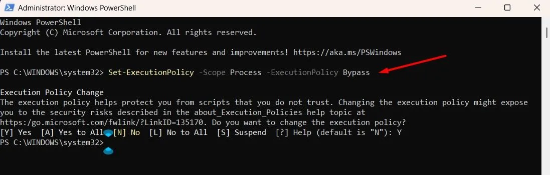 Lệnh Set-ExecutionPolicy Bypass trong cửa sổ PowerShell
