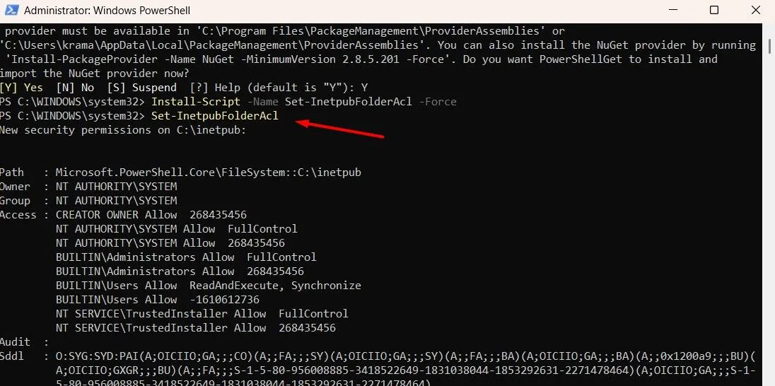 Lệnh Set-InetpubFolderAcl để tạo lại thư mục inetpub bằng PowerShell