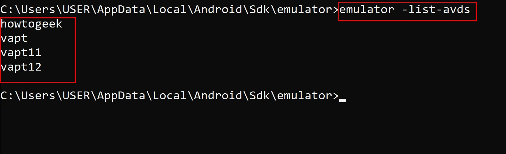 Liệt kê các Android Virtual Devices (AVDs) có sẵn bằng lệnh emulator -list-avds trên CMD