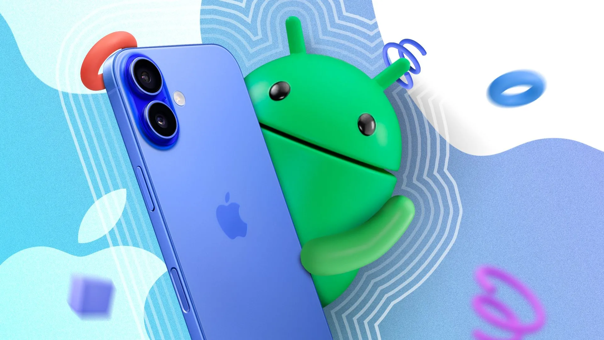 Linh vật Android cầm iPhone 16, biểu tượng cho sự cạnh tranh và rào cản chuyển đổi hệ sinh thái trong thị trường smartphone