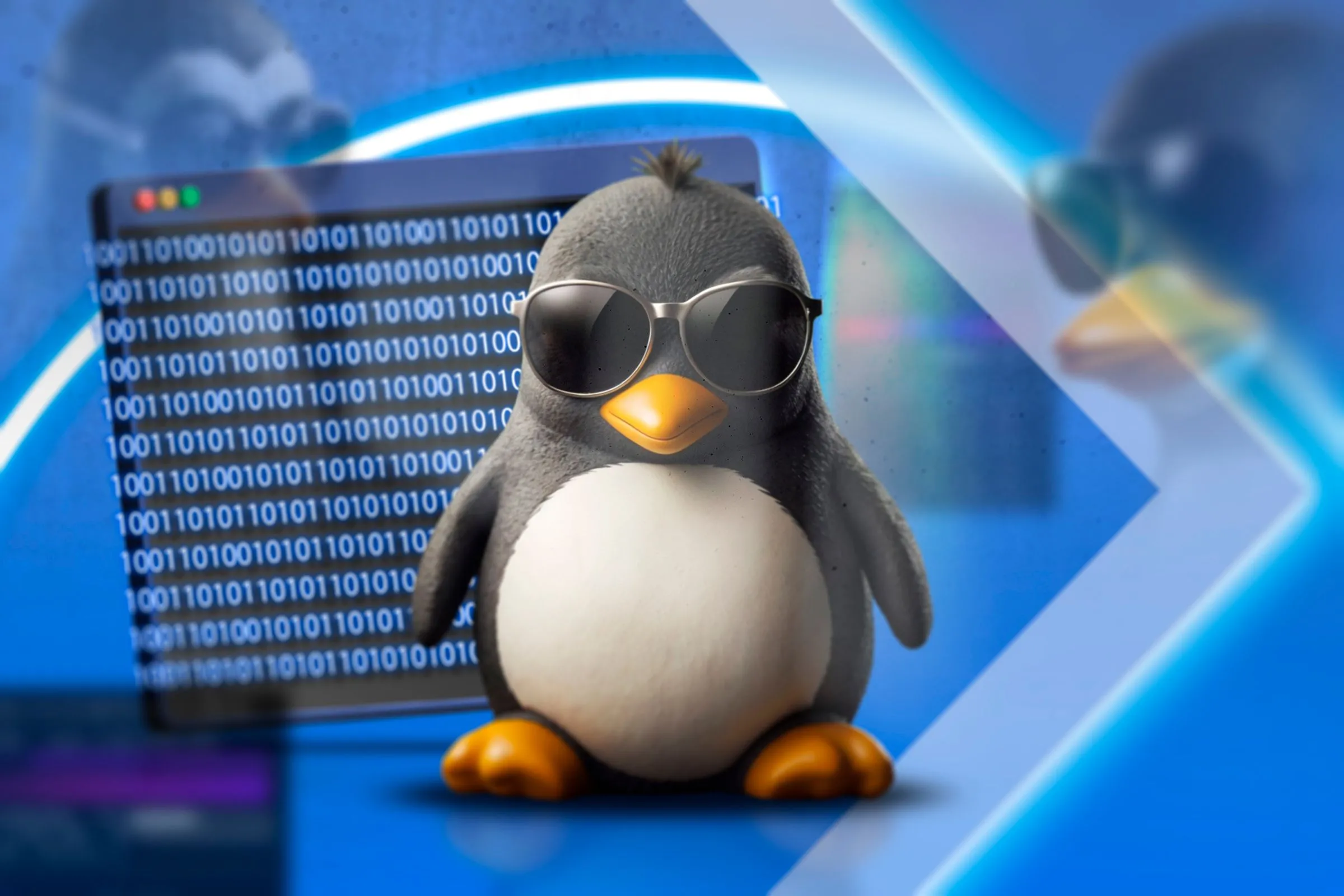 Linh vật Linux Tux đeo kính râm trước màn hình terminal, thể hiện sự chuyên nghiệp và kiểm soát