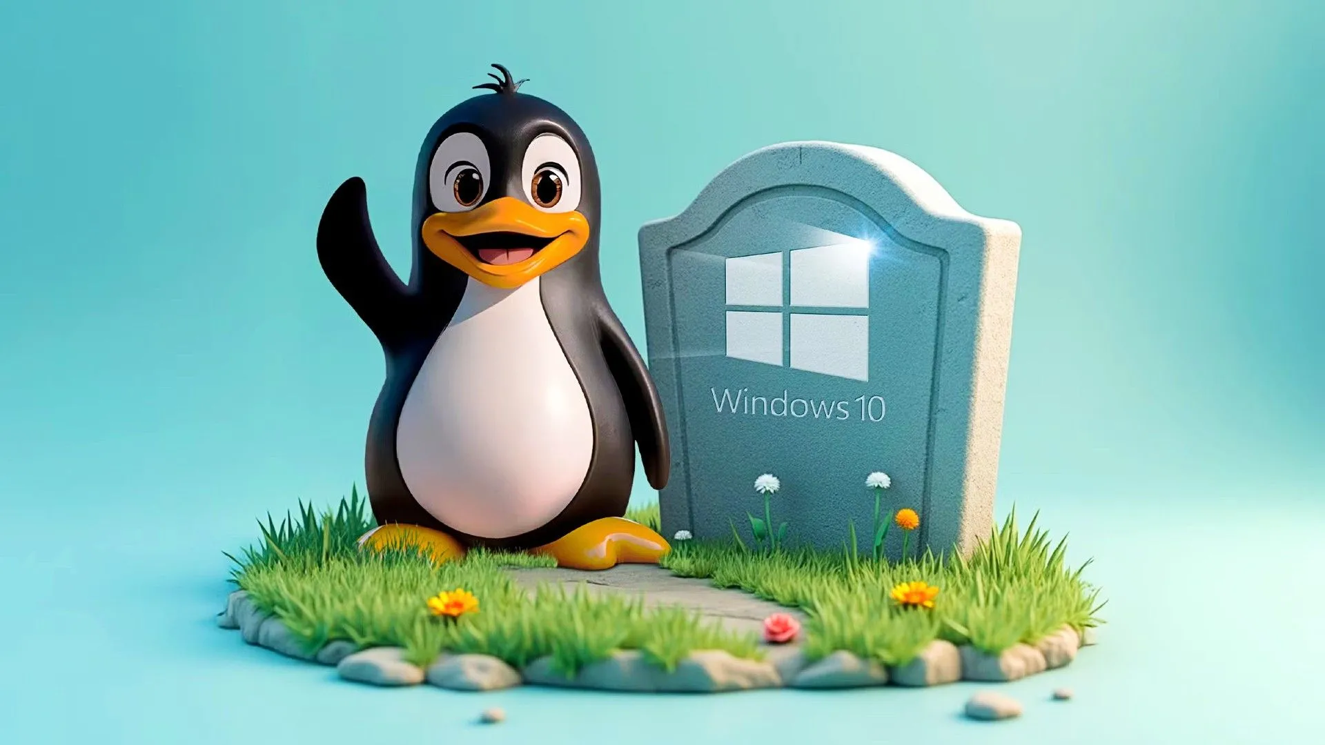 Linh vật Linux Tux vẫy tay chào tạm biệt biểu tượng Windows 10 trên bia mộ, tượng trưng cho việc chuyển đổi thành công từ Windows sang Linux.