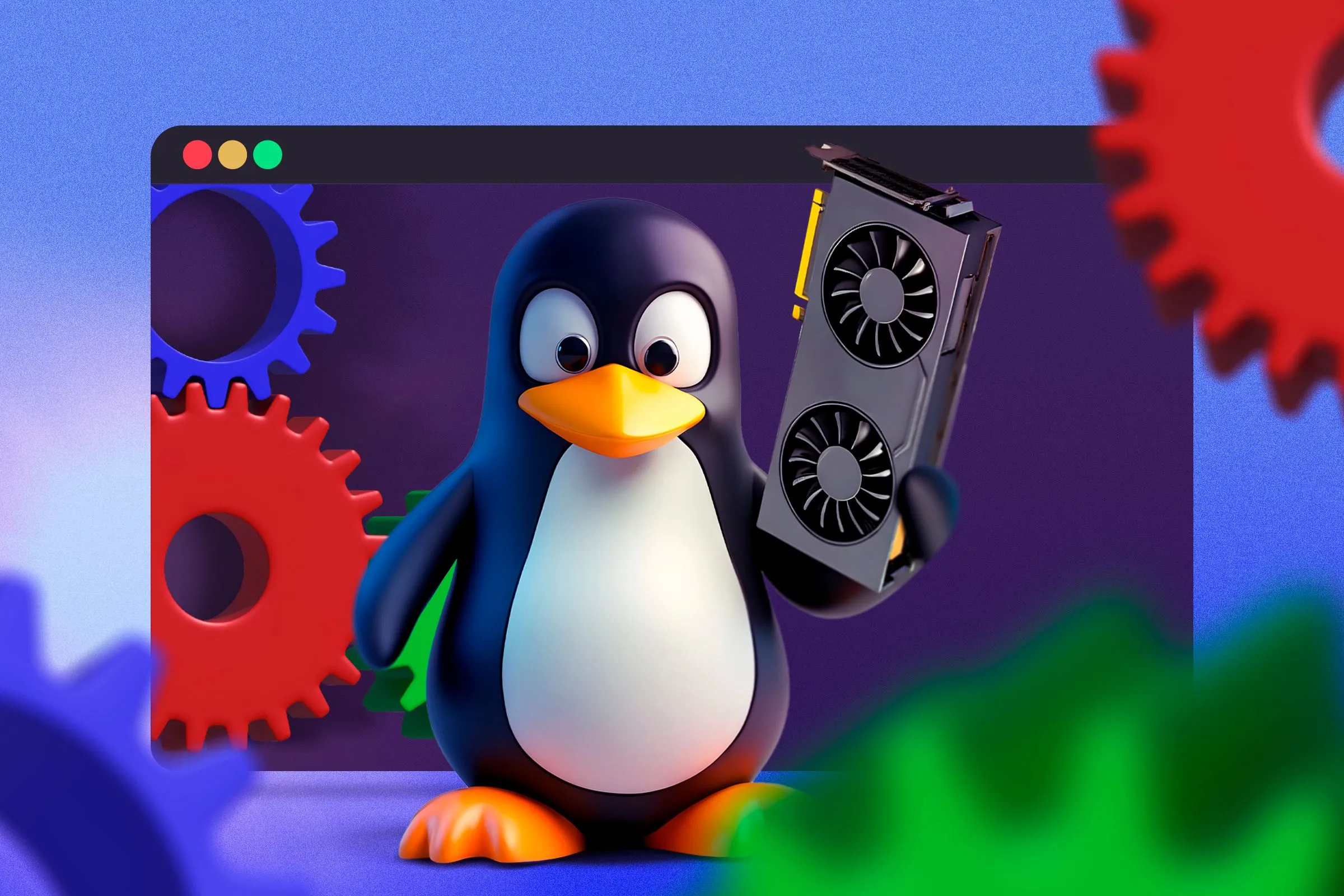 Linh vật Tux của Linux cầm card đồ họa (GPU) với các bánh răng phía sau, ám chỉ khả năng tối ưu phần cứng