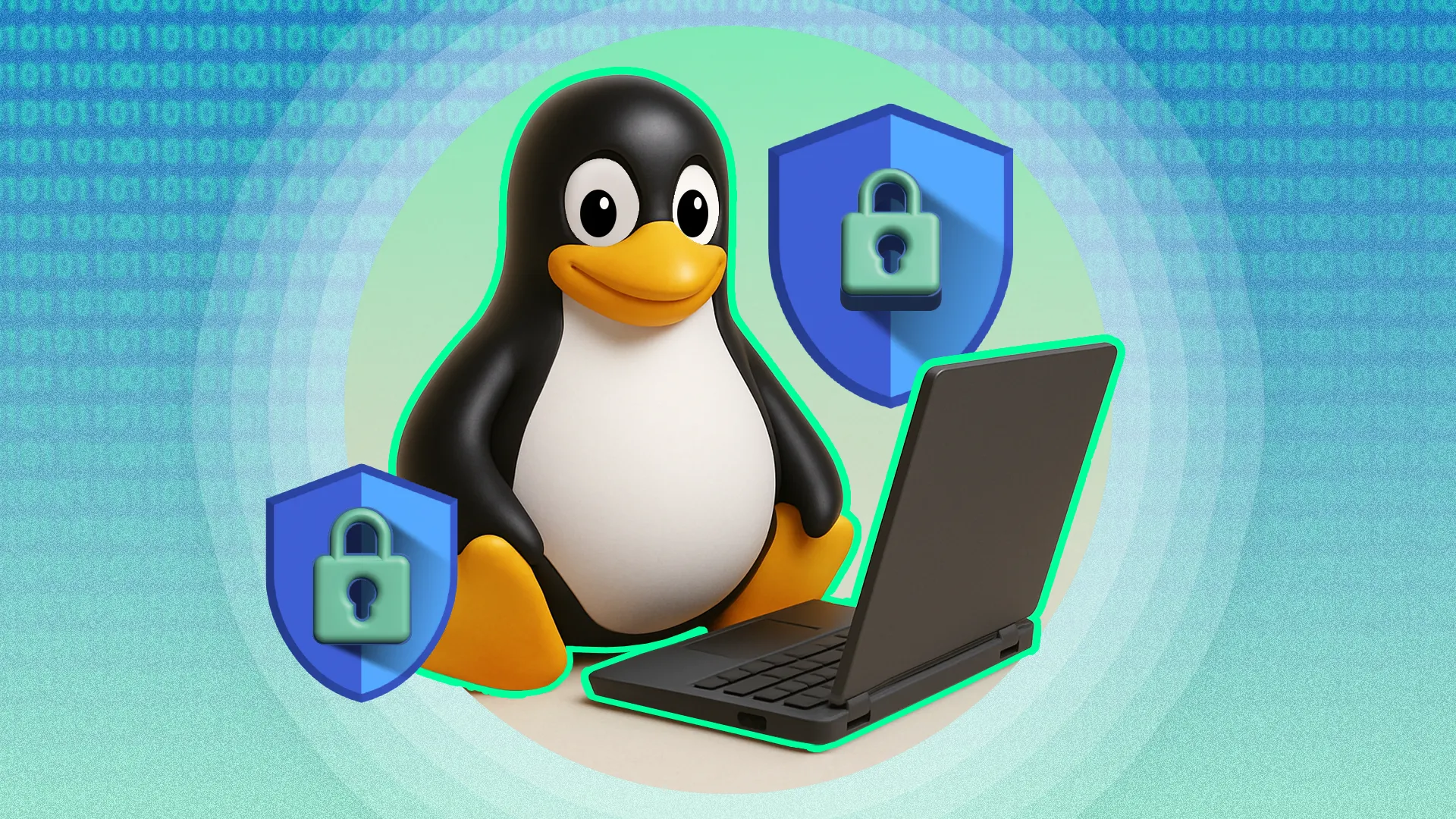 Linh vật Tux của Linux ngồi cạnh laptop với biểu tượng lá chắn bảo mật, tượng trưng cho an ninh hệ thống