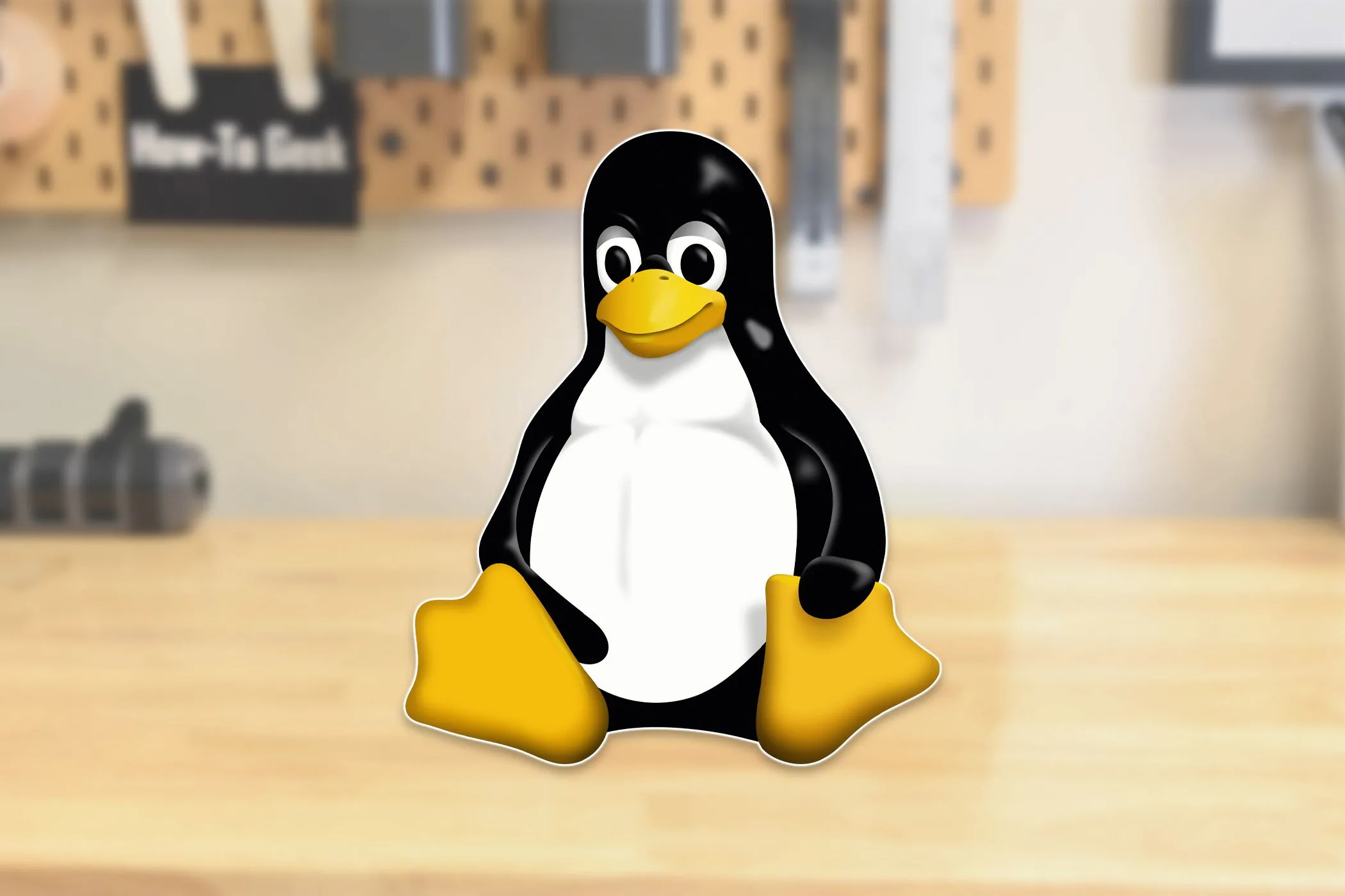 Linh vật Tux của Linux ngồi trên bàn làm việc, gợi ý sự linh hoạt và dễ dàng bảo trì