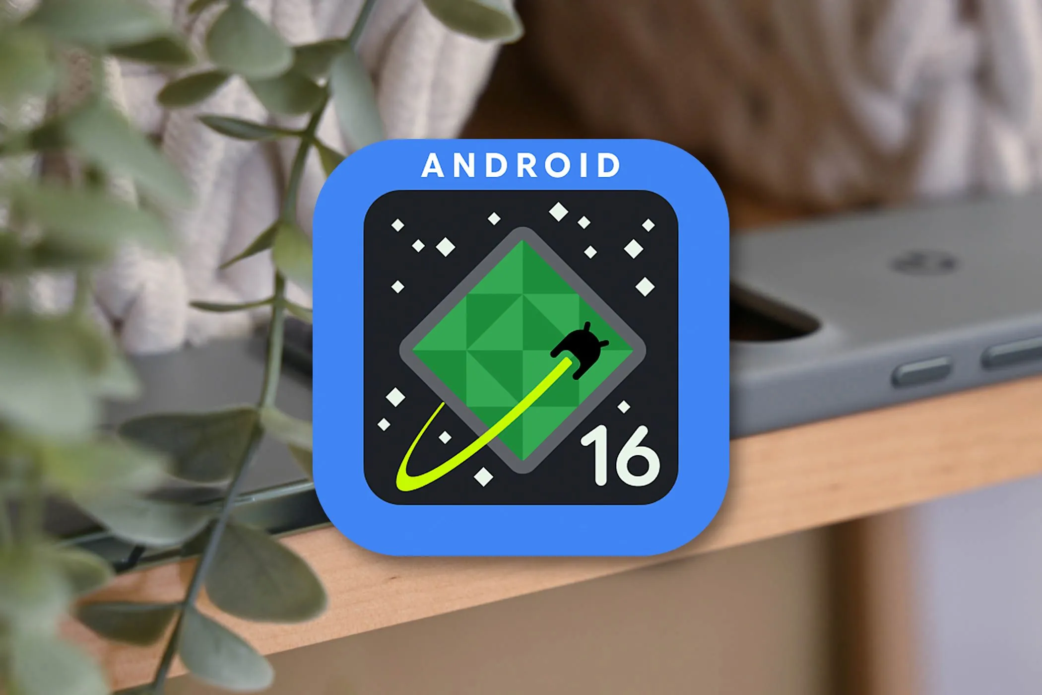 Logo Android 16 Developer Preview trên màn hình một chiếc điện thoại Pixel, biểu thị các tính năng cập nhật mới cho Pixel 9 Pro Fold.