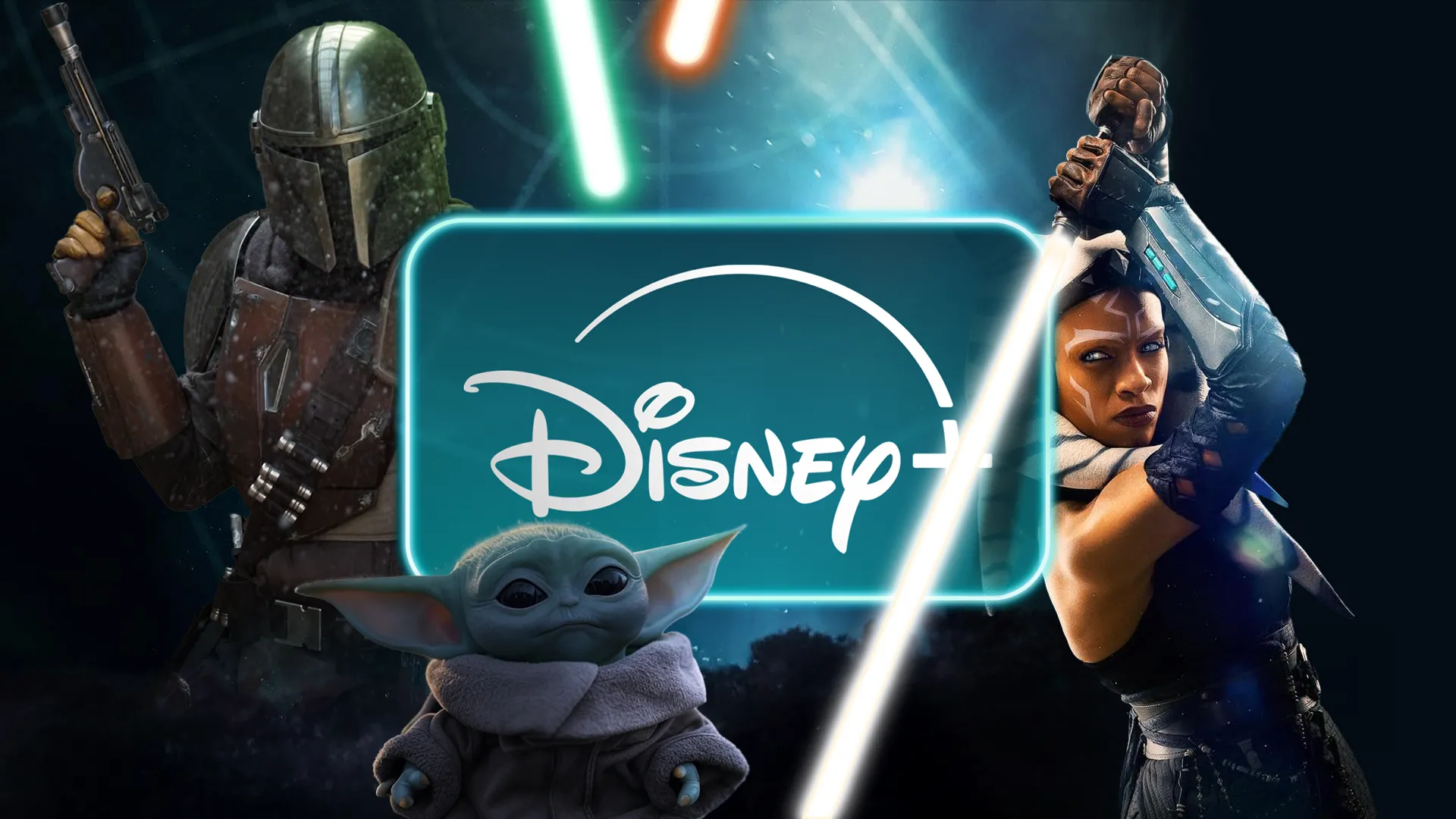 Logo Disney Plus nổi bật cùng các nhân vật Star Wars đình đám như The Mandalorian, Baby Yoda và Ahsoka, thể hiện sự đa dạng nội dung của nền tảng