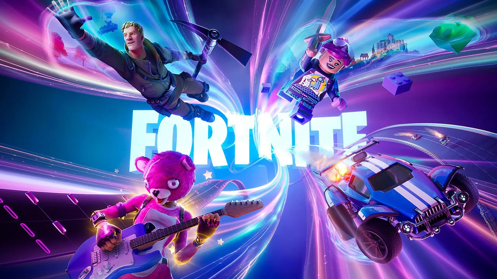 Logo Fortnite bao quanh bởi các nhân vật quen thuộc trong game
