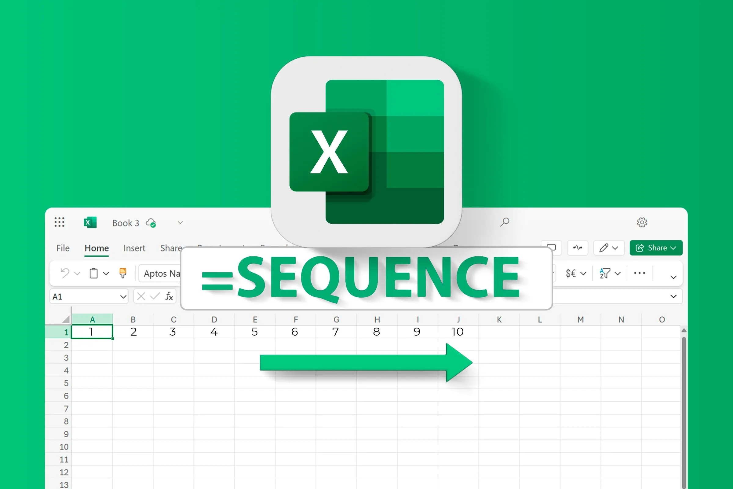 Logo Microsoft Excel cùng một bảng tính hiển thị cú pháp và cách sử dụng cơ bản của hàm SEQUENCE, giúp người dùng hiểu rõ hơn về chức năng tạo chuỗi số tự động.