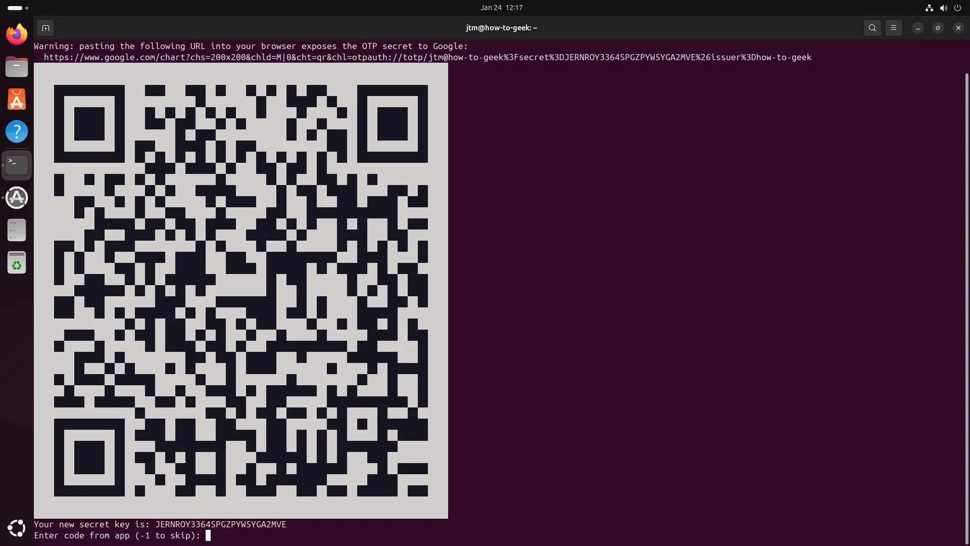 Mã QR được hiển thị trong terminal Ubuntu để liên kết tài khoản 2FA với ứng dụng Google Authenticator trên điện thoại.