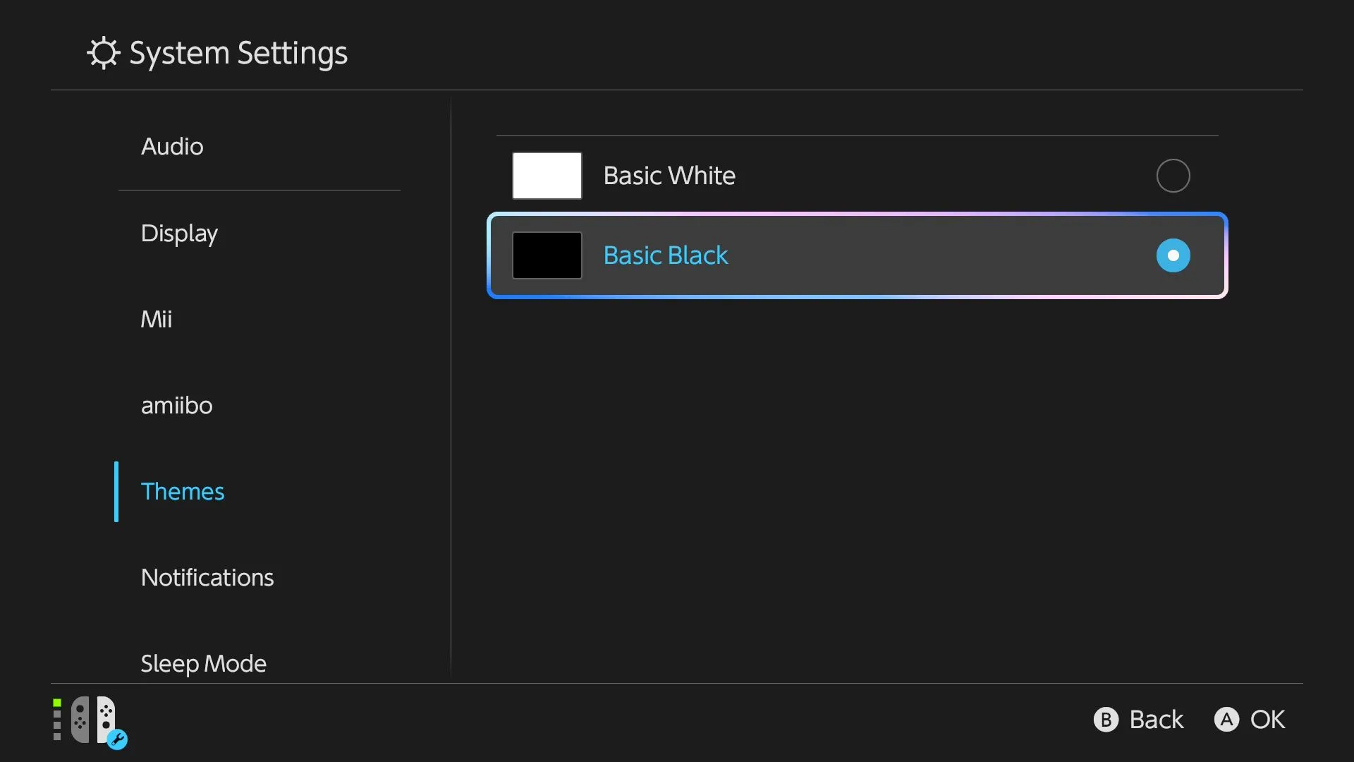 Màn hình cài đặt chủ đề (Themes) trên Nintendo Switch 2, chọn chế độ tối (Dark mode)