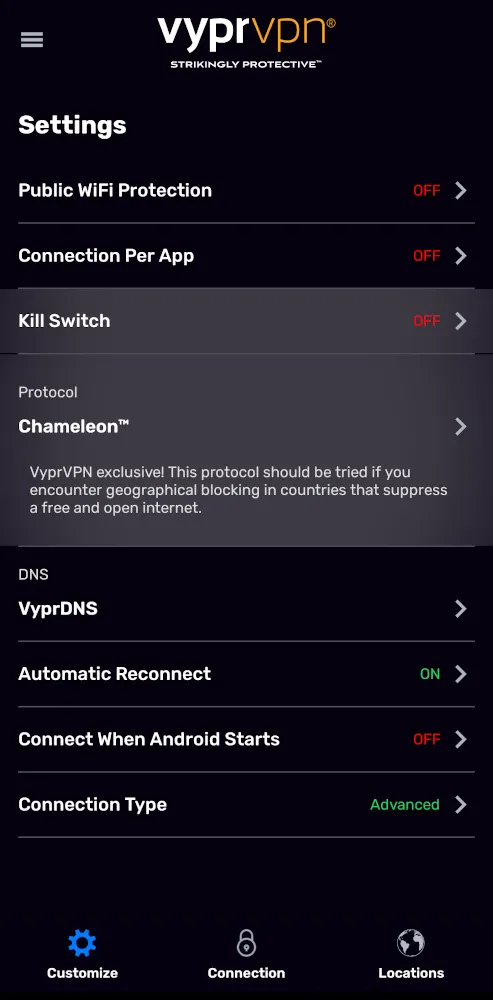 Màn hình cài đặt của ứng dụng VyprVPN
