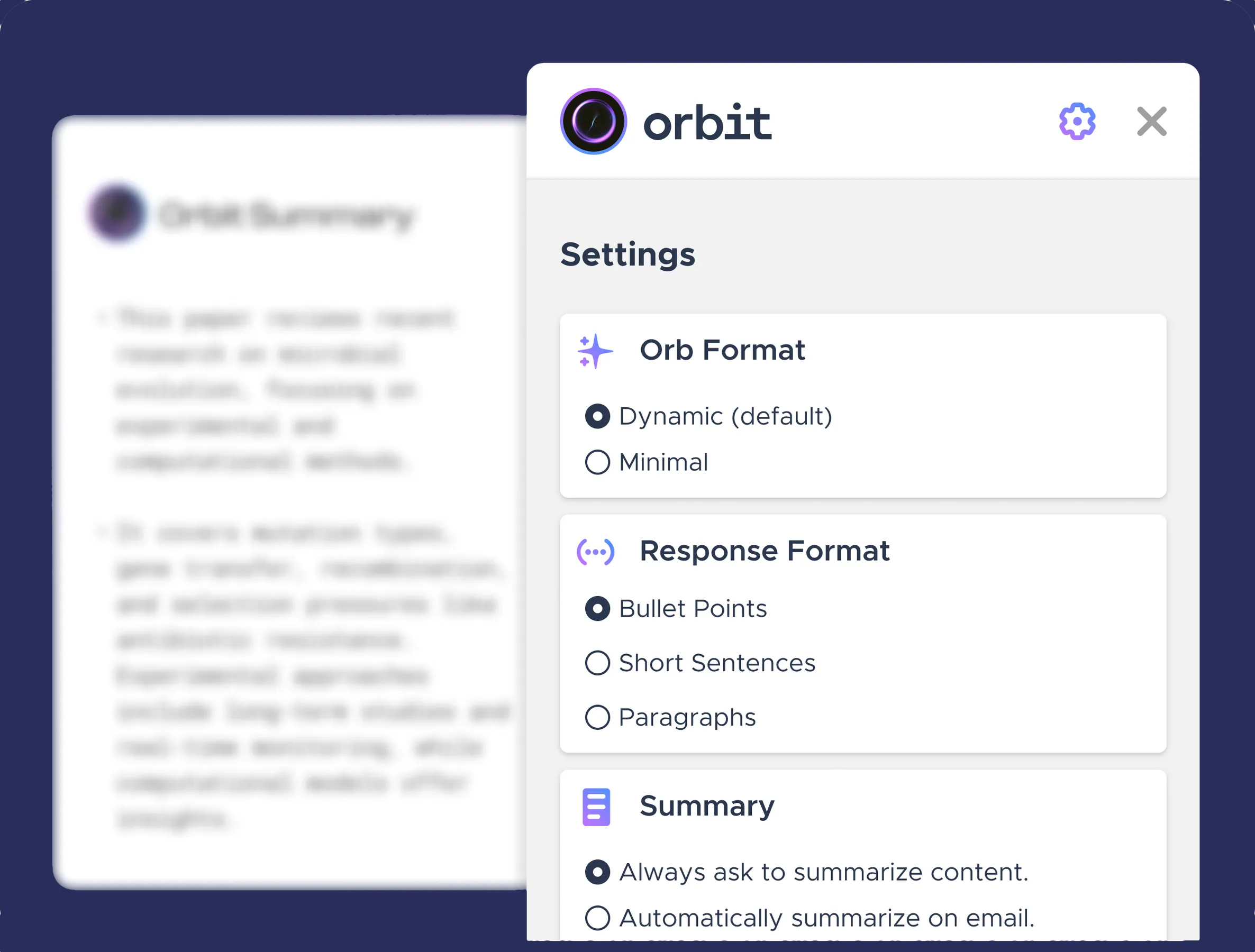 Màn hình cài đặt tiện ích AI Orbit của Mozilla Firefox, tùy chỉnh định dạng tóm tắt và tự động hóa.
