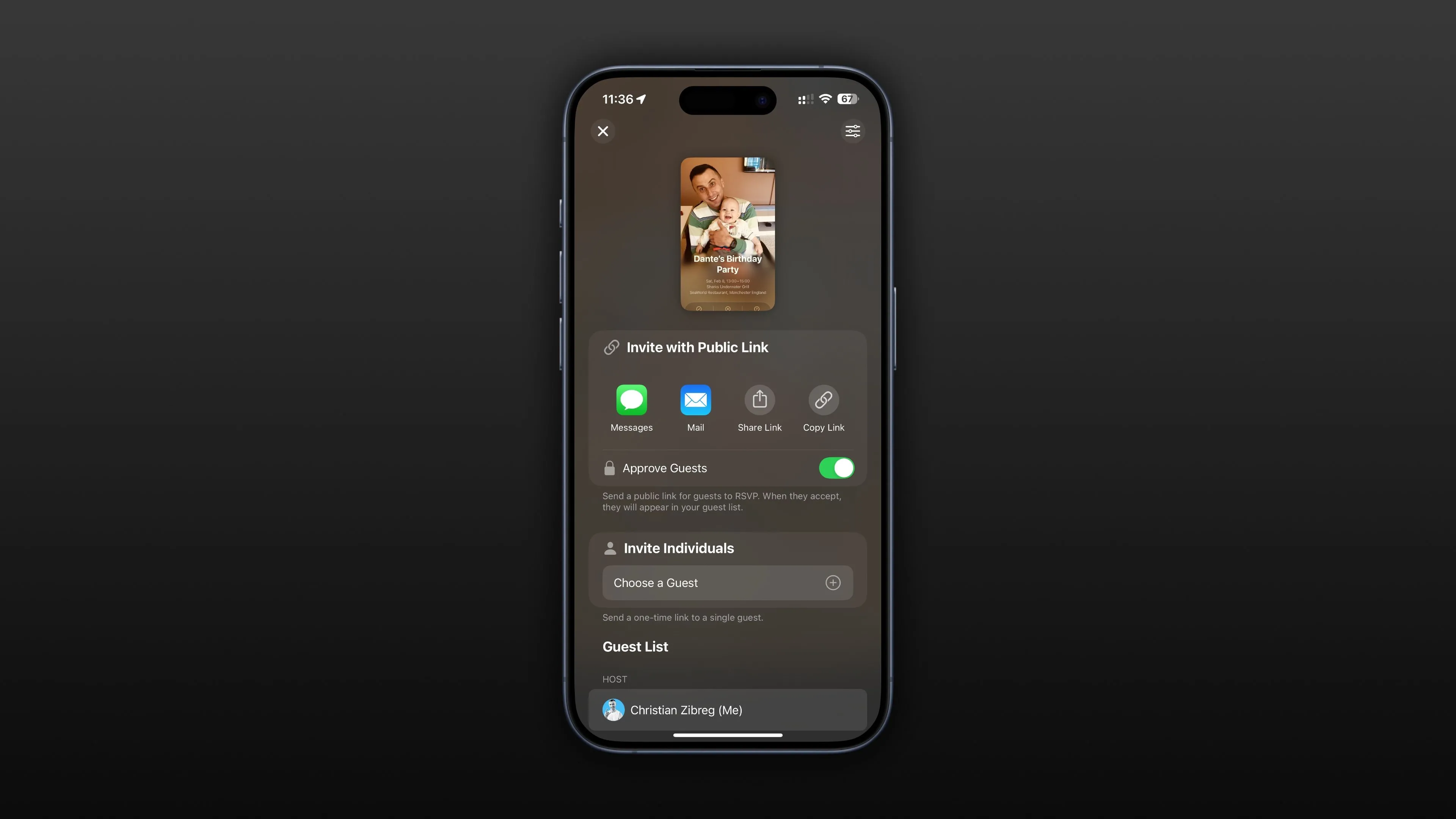 Màn hình chia sẻ liên kết công khai cho sự kiện sinh nhật trong ứng dụng Apple Invites.