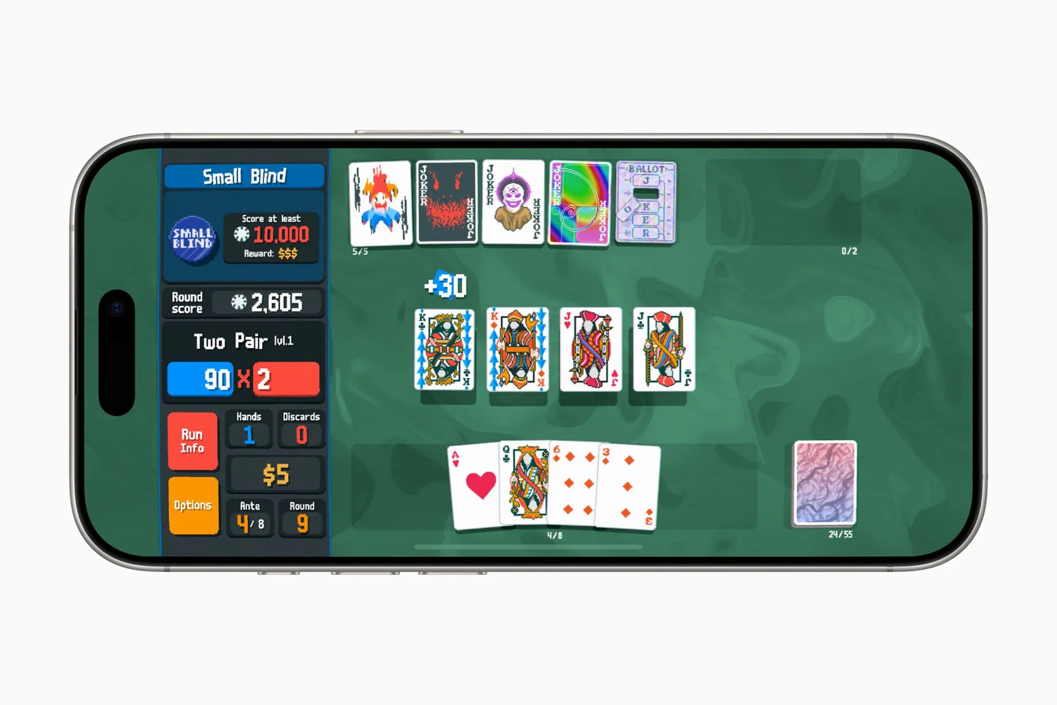 Màn hình chơi game Balatro+ trên iPhone hiển thị các thẻ bài và điểm số