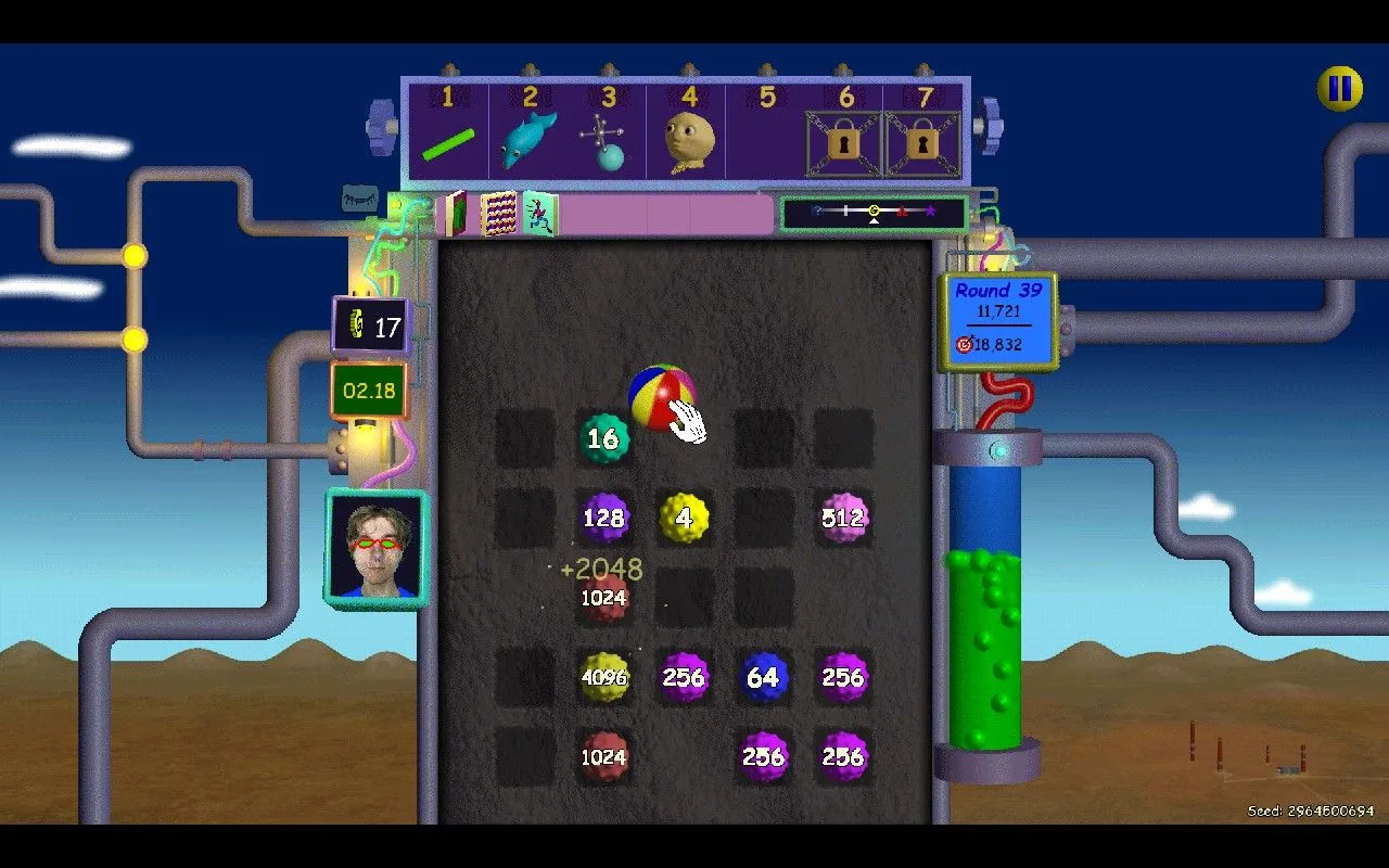 Màn hình chơi game Nubby's Number Factory hiển thị điểm số và các chốt đang hoạt động