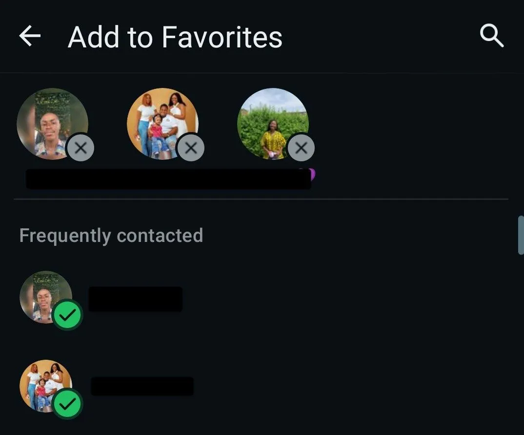 Màn hình chọn các liên hệ để thêm vào danh sách Yêu thích của WhatsApp