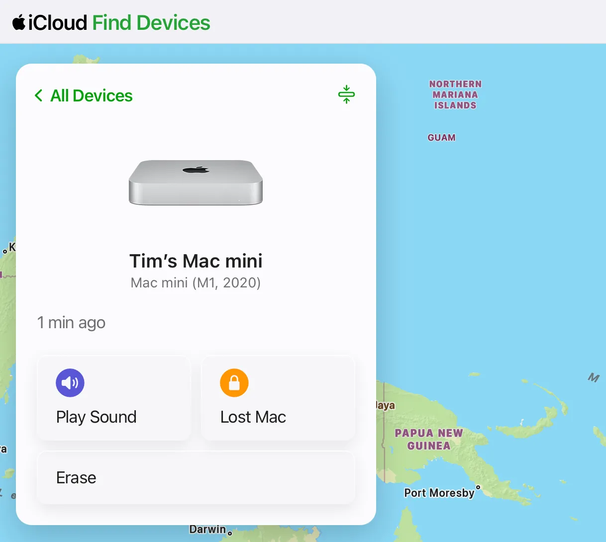 Màn hình giao diện iCloud.com/find hiển thị tùy chọn xóa và gỡ bỏ Mac mini khỏi tài khoản iCloud, hướng dẫn gỡ Activation Lock