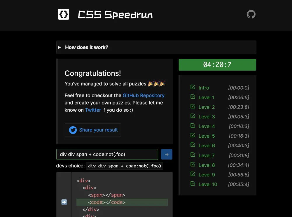 Màn hình kết thúc game CSS Speedrun với lời chúc mừng và kết quả thời gian hoàn thành 10 cấp độ CSS.