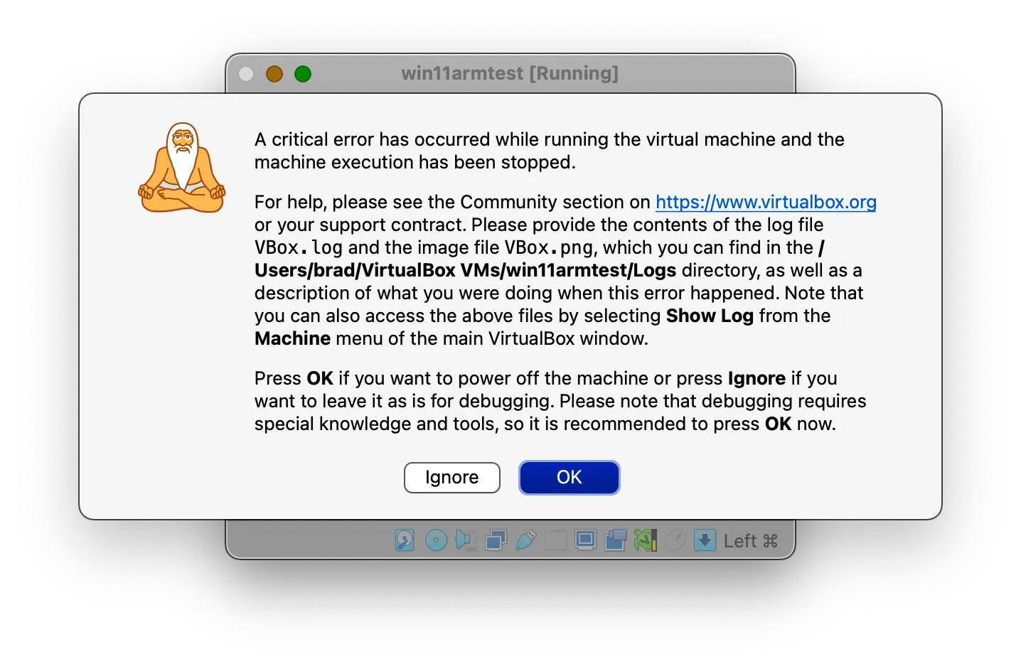 Màn hình lỗi nghiêm trọng khi Windows 11 ARM khởi động trong VirtualBox trên Apple Silicon.