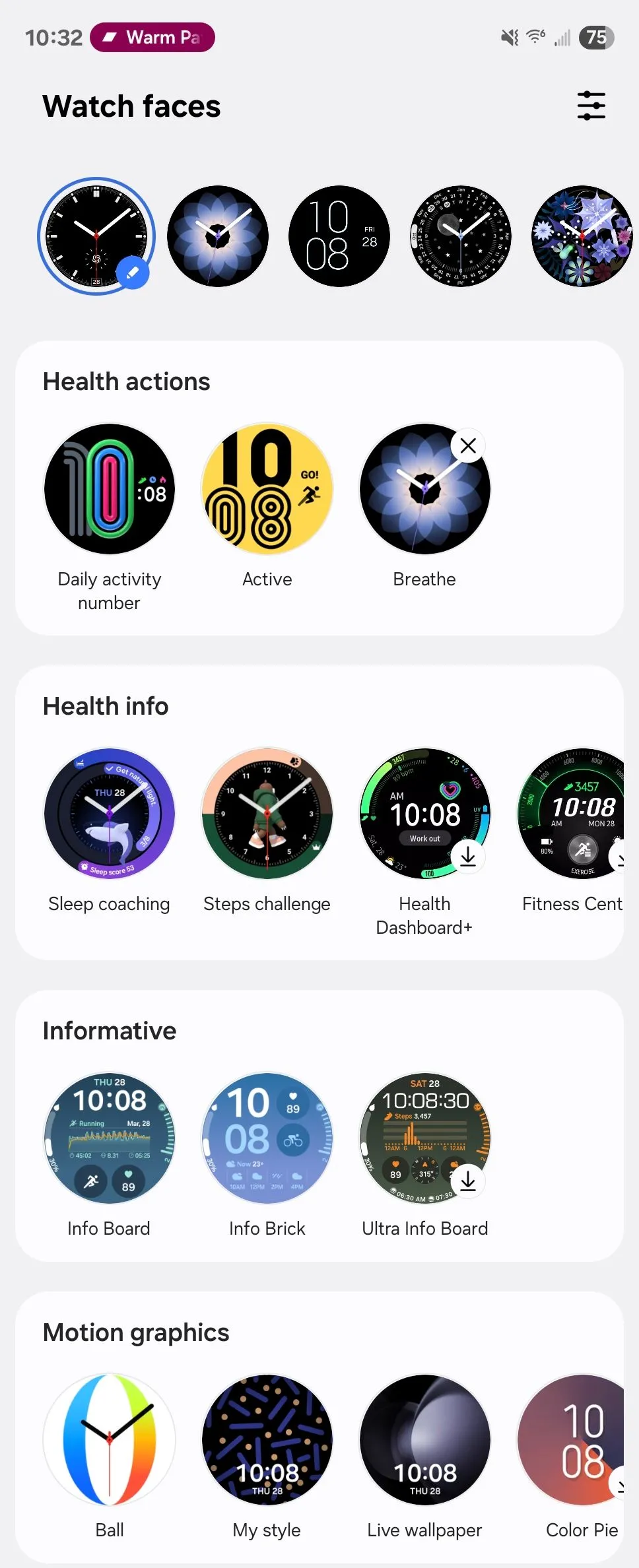 Màn hình lựa chọn mặt đồng hồ trên Galaxy Watch 6, thể hiện sự đa dạng và khả năng cá nhân hóa trải nghiệm người dùng.