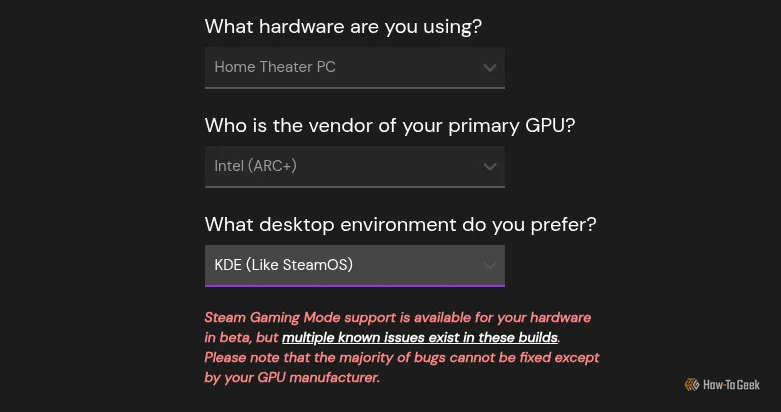 Màn hình lựa chọn phiên bản Bazzite Linux và môi trường desktop (KDE Plasma/Gnome) trong quá trình tải xuống.