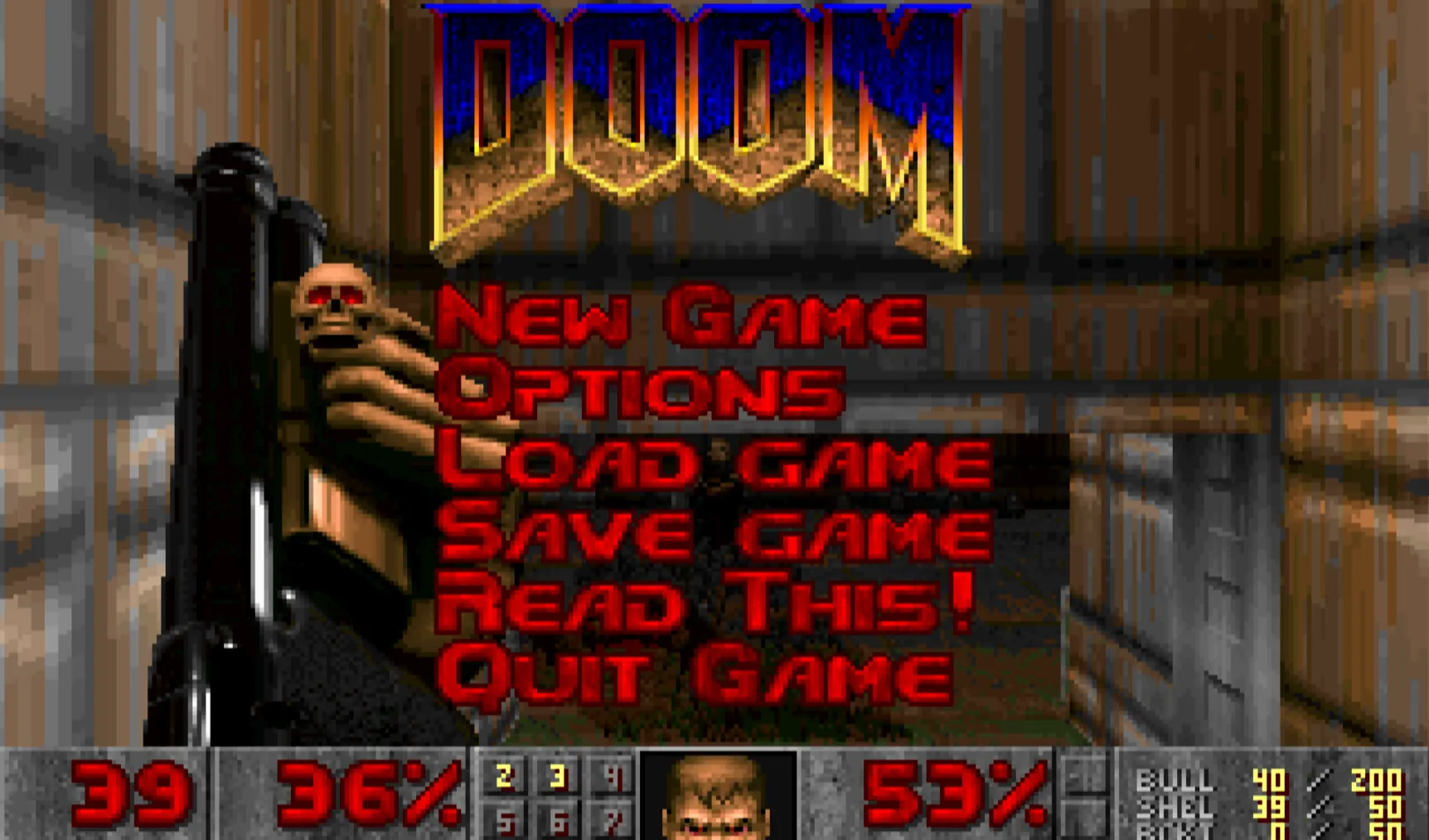Màn hình menu chính của game Doom, tựa game FPS kinh điển đã góp phần định hình kỷ nguyên game 3D và phát triển cộng đồng game Linux.
