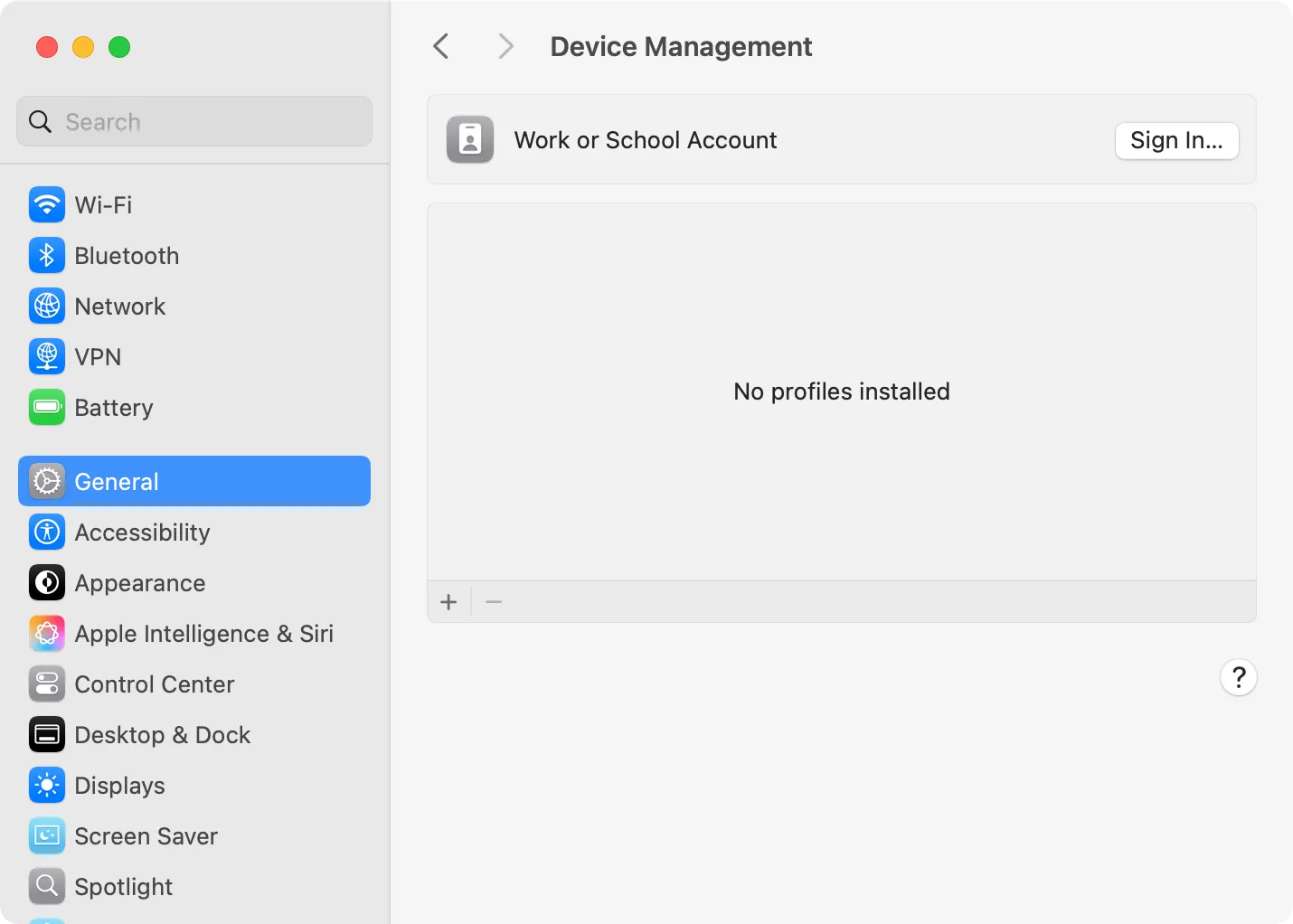Màn hình Quản lý Thiết Bị (Device Management) trong Cài đặt Hệ thống macOS, cho thấy không có cấu hình MDM nào được cài đặt