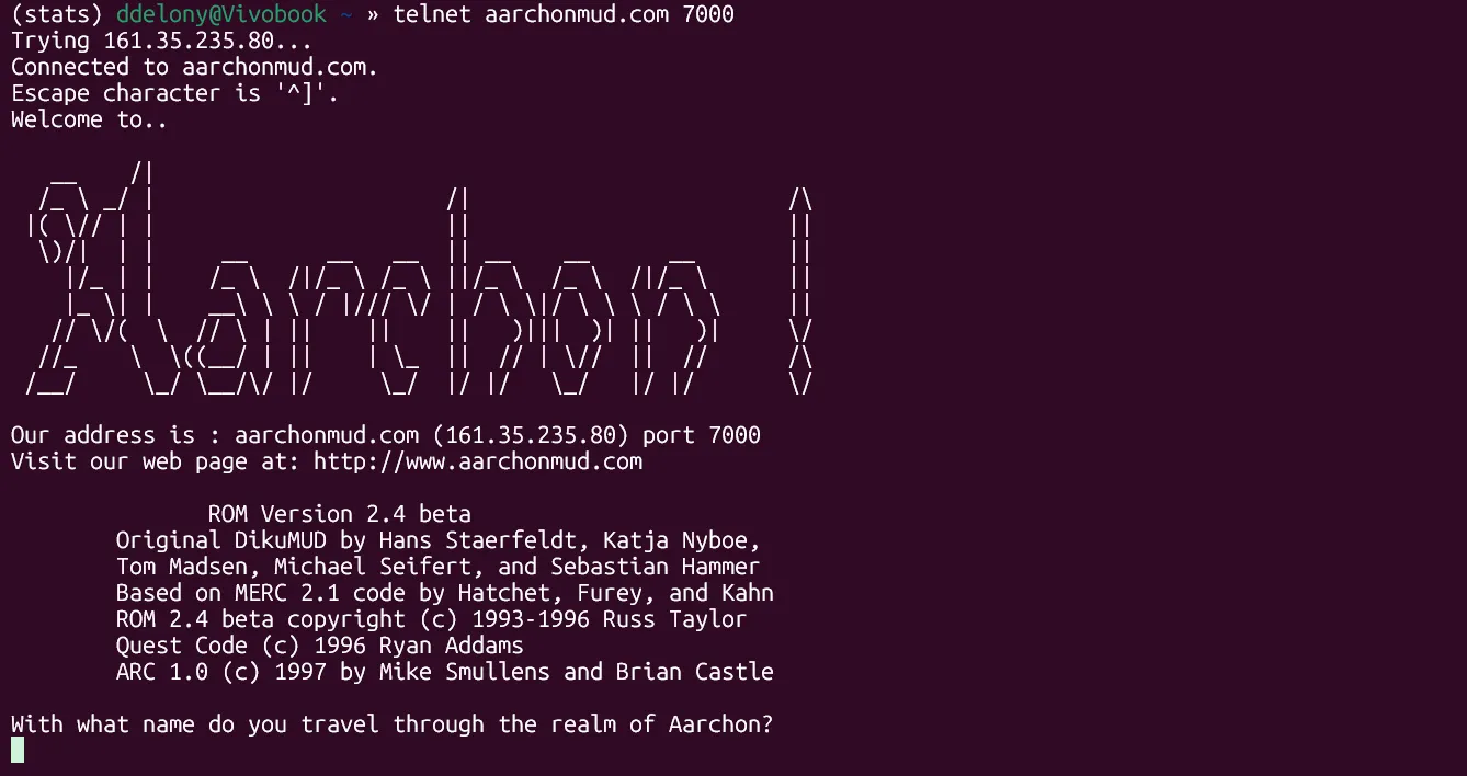 Màn hình terminal Linux hiển thị kết nối Telnet tới game MUD Aarchon, minh họa trải nghiệm game nhập vai văn bản nhiều người chơi.