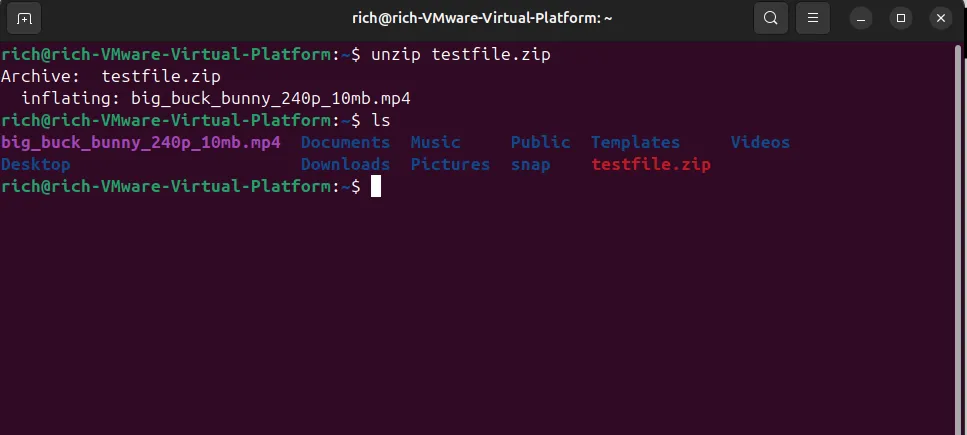 Màn hình terminal Linux minh họa lệnh unzip testfile.zip để giải nén file video, sau đó lệnh ls hiển thị file MP4 đã trích xuất.
