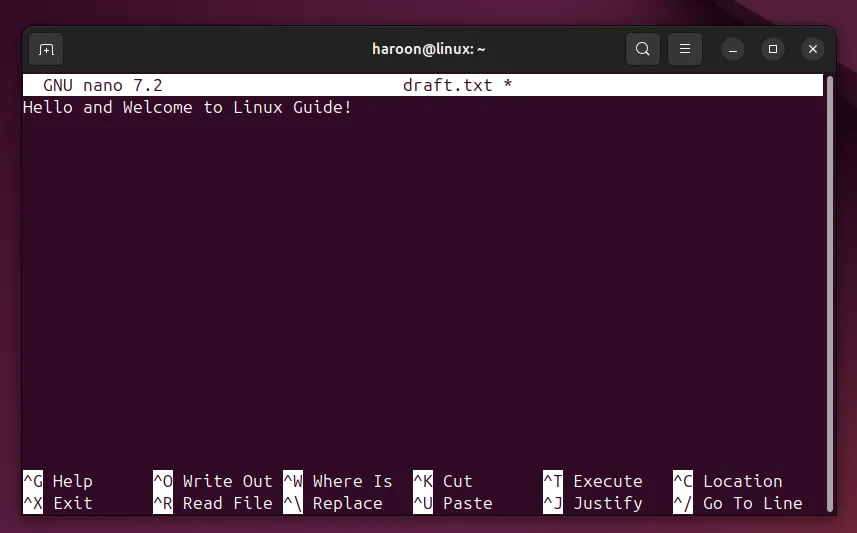 Màn hình trình soạn thảo văn bản Nano đang mở một file mới trên hệ điều hành Ubuntu Linux
