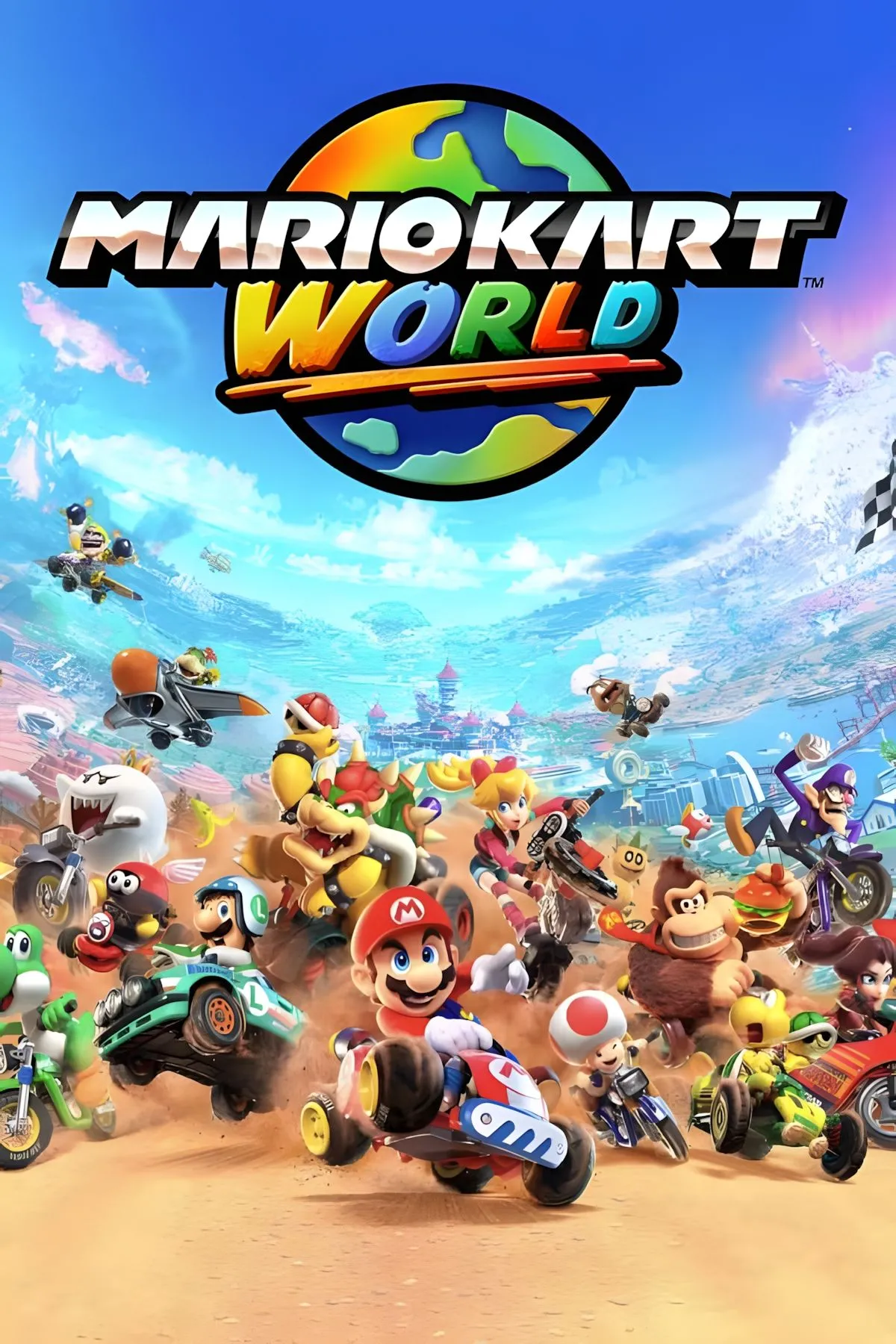 Mario và bạn bè đua xe trên một đường đua đầy màu sắc trong Mario Kart World