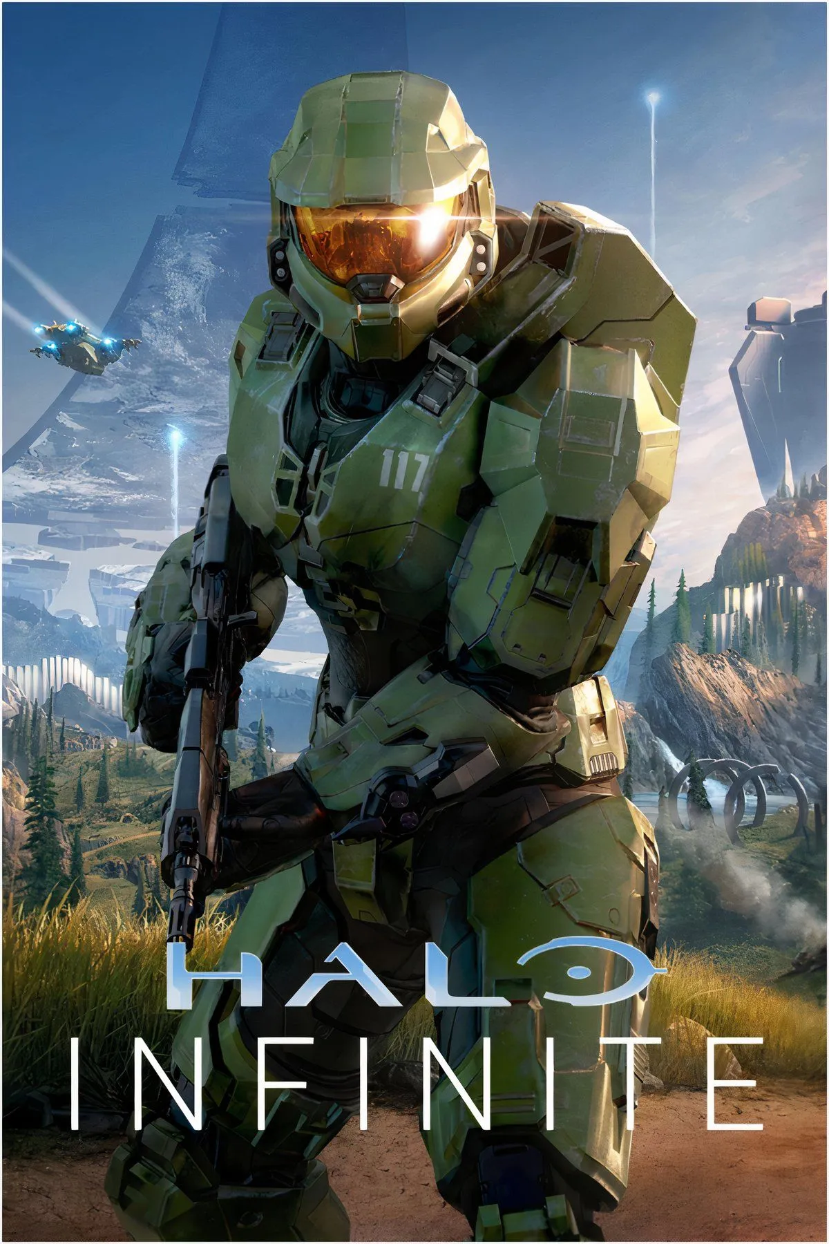 Master Chief trong bộ giáp Spartan chiến đấu chống lại kẻ thù trên một môi trường ngoài hành tinh trong Halo Infinite