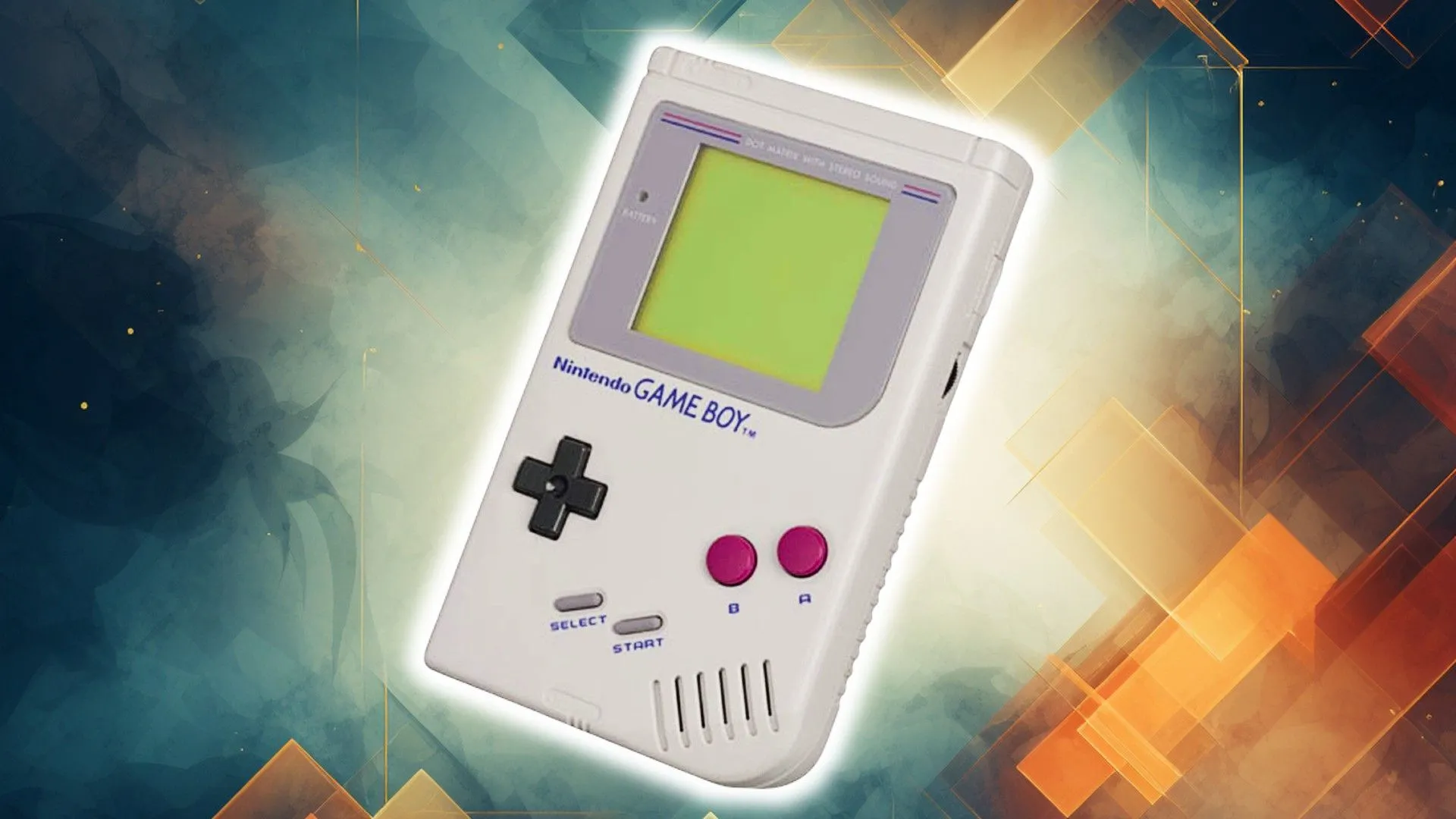 Máy chơi game Nintendo Game Boy màu xám đặt trên nền họa tiết lục giác xanh cam