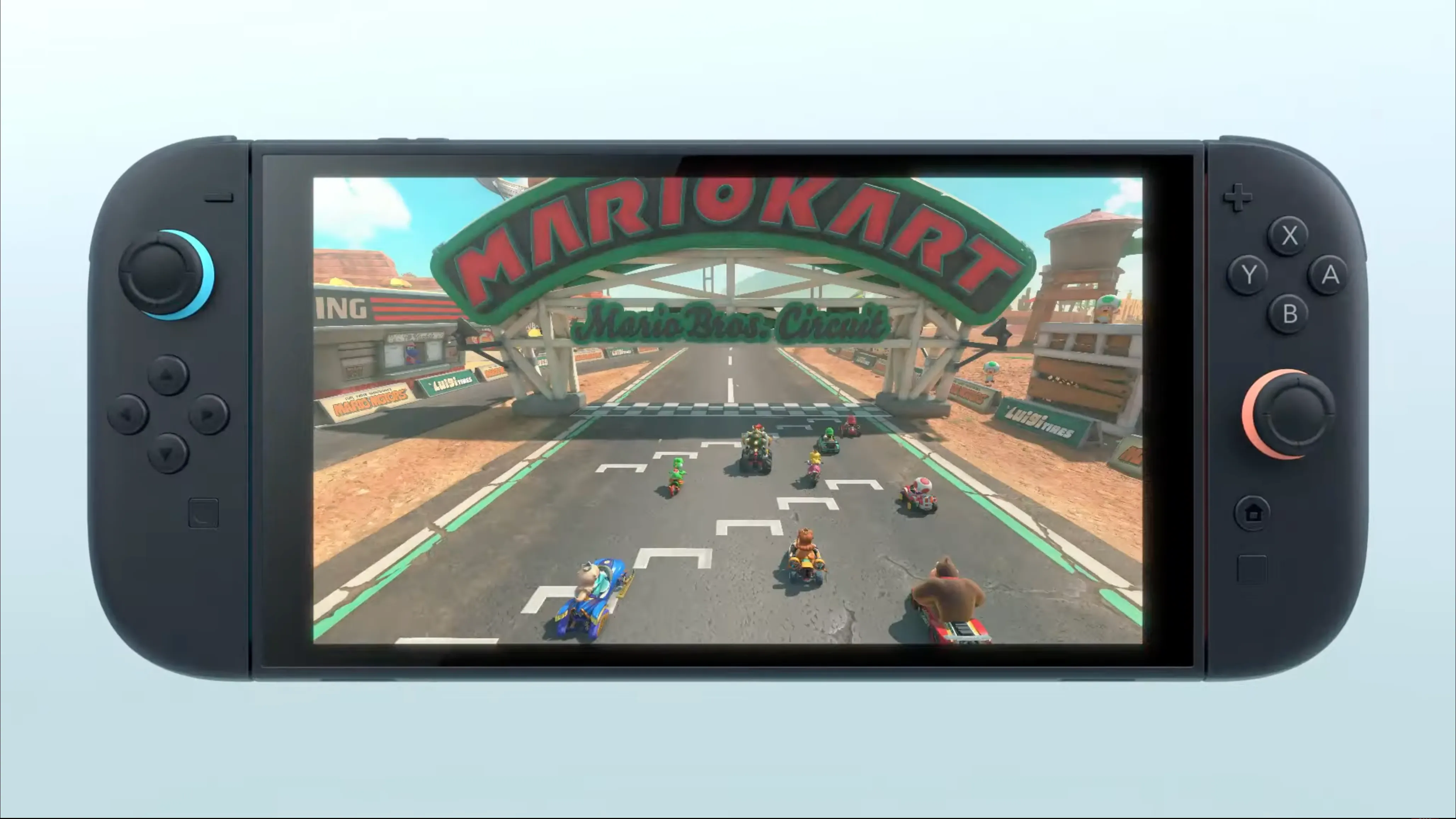 Máy chơi game Nintendo Switch 2 với hình ảnh Mario Kart trên màn hình, minh họa các tựa game ra mắt trên console mới