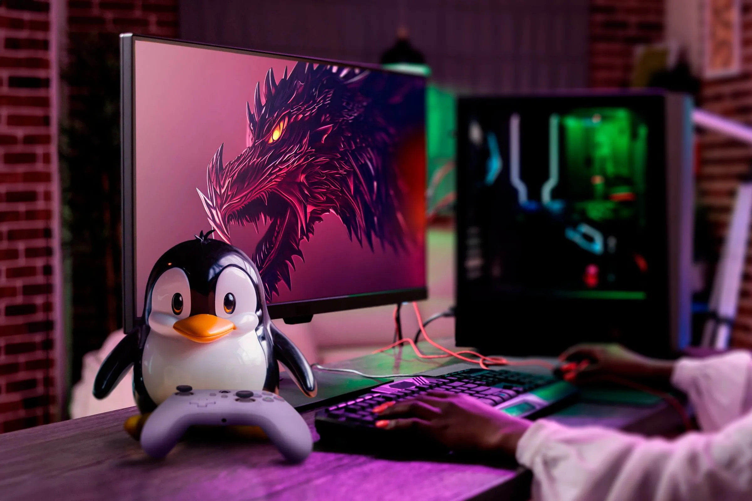 Máy tính chơi game với giao diện Garuda Linux Dragonized, biểu tượng Tux cầm tay cầm chơi game