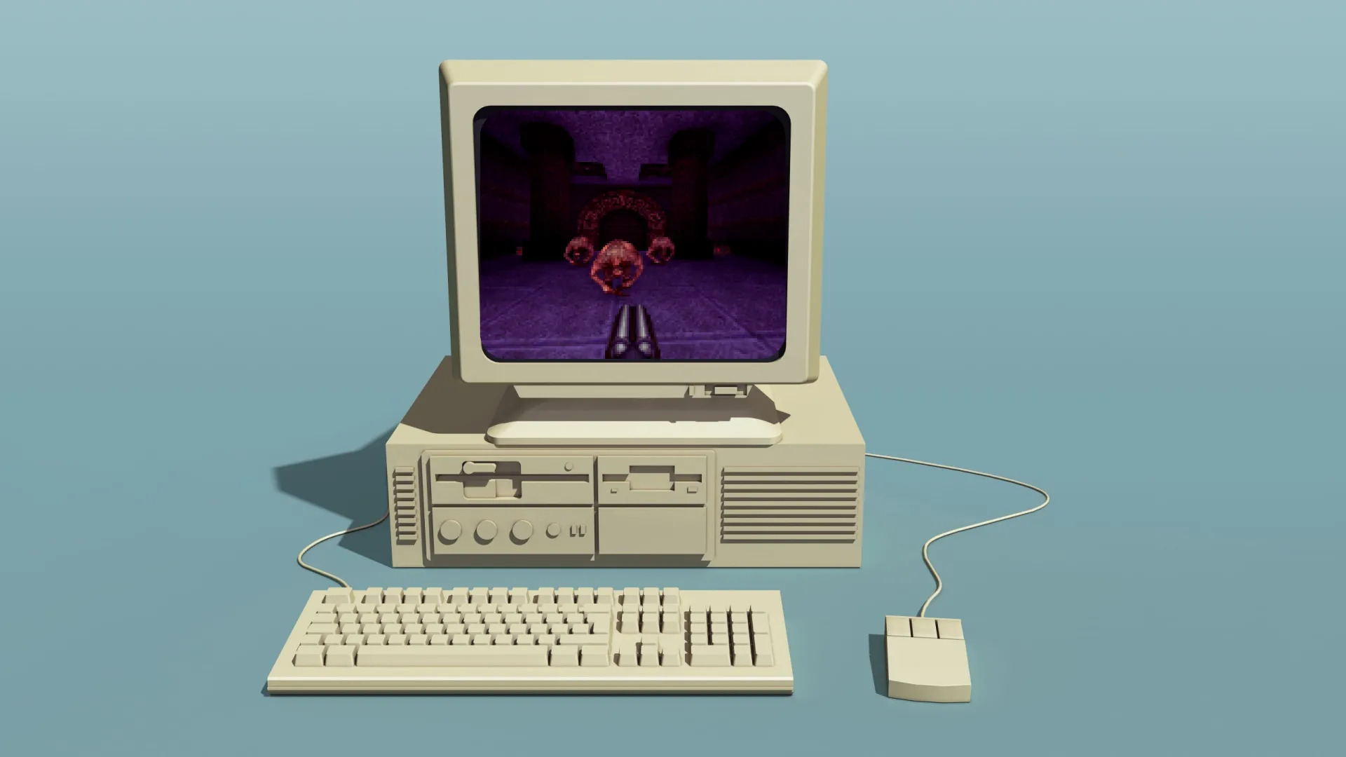 Máy tính retro với màn hình hiển thị game Quake và các phụ kiện bàn phím, chuột