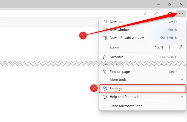 Menu ba chấm trong Microsoft Edge đang mở và mục Cài đặt được chọn.